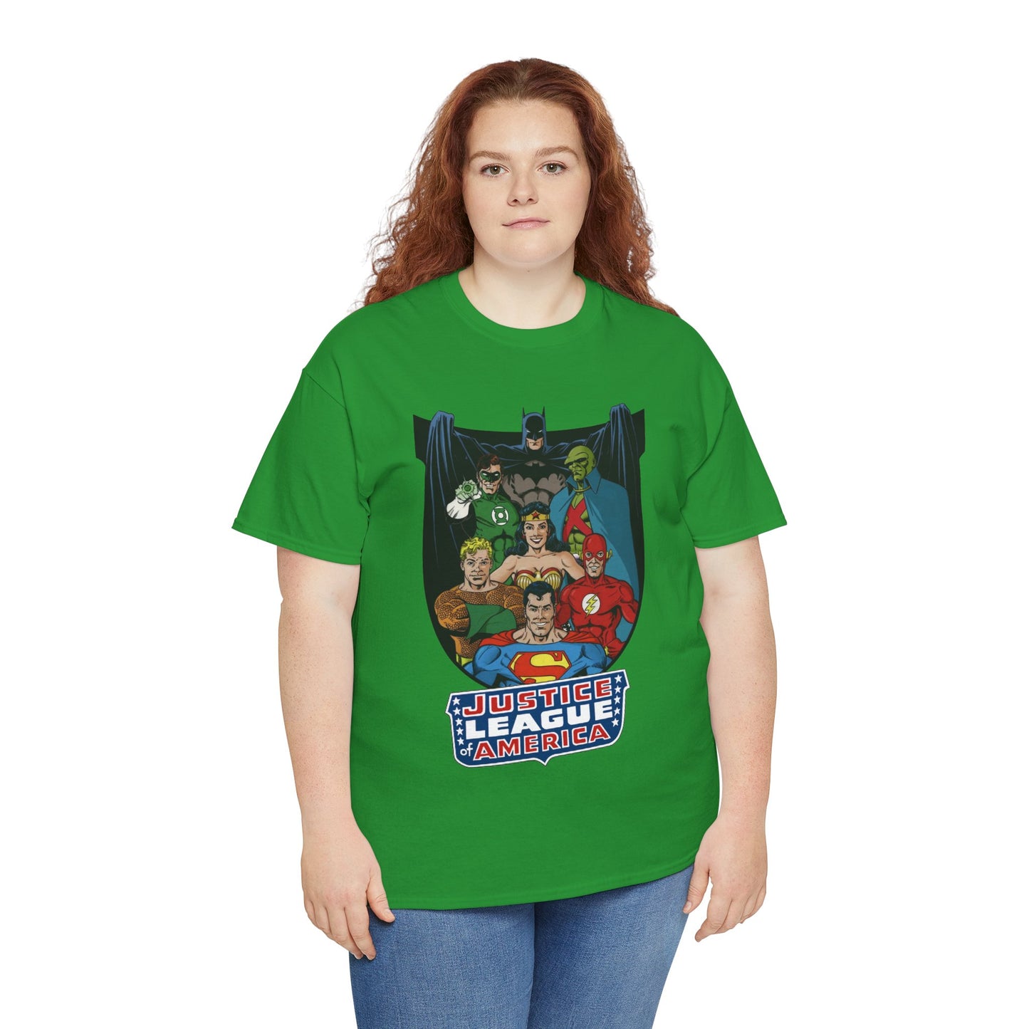 Justice League of America T-Shirt - George Perez Art - Superman, Wonder Woman, Batman, Aquaman, Martian Manhunter, Flash, Green Lantern - DC Comics