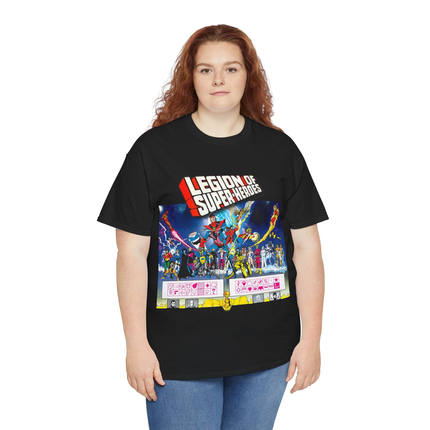 Legion of Super-Heroes T-Shirt - Gorgeous George Perez Art - History of the DC Universe - Lightning Lad, Timber Wolf, Wildfire, Sun Boy, Chamelon Boy - DC Comics