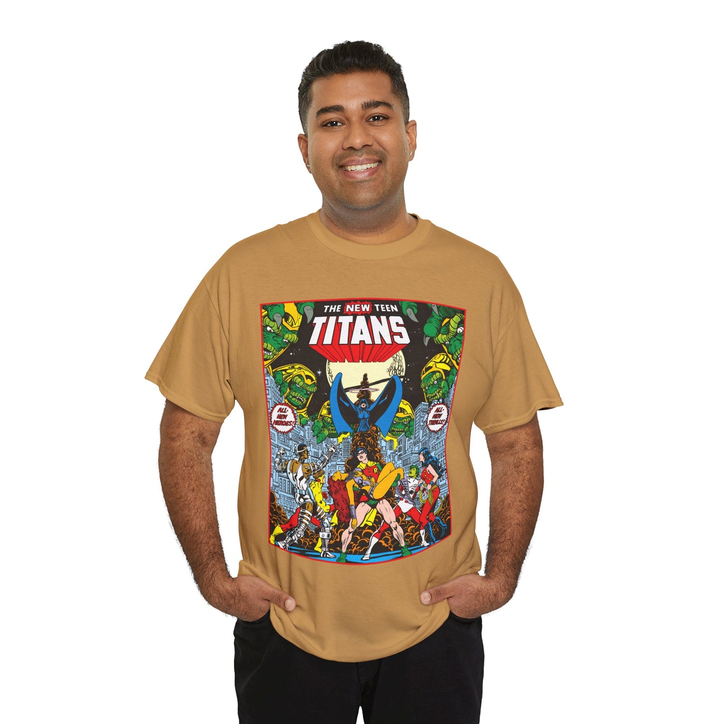 New Teen Titans T-Shirt - George Perez Art - #1 Splash Page - Robin, Starfire, Wonder Girl, Cyborg, Raven, Changeling, Kid Flash - DC Comics