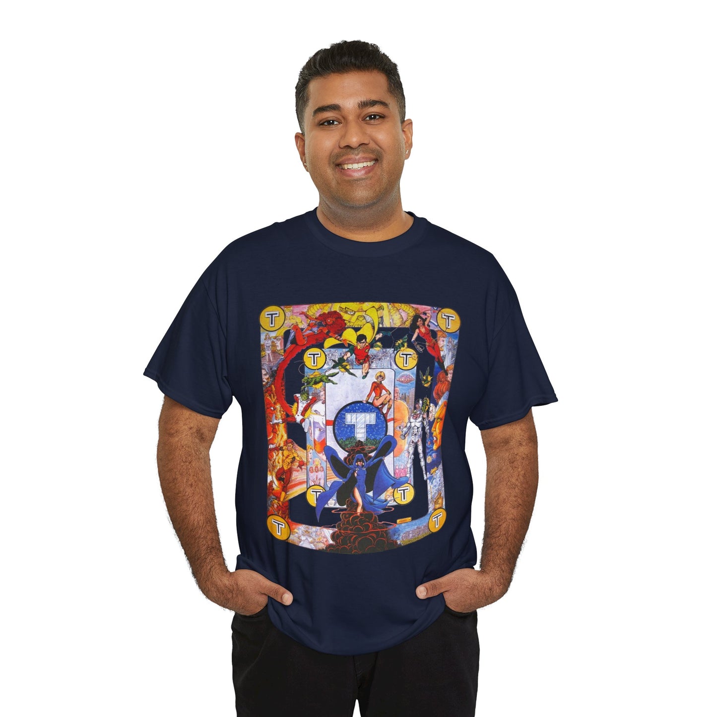 New Teen Titans Poster T-Shirt - George Perez Art - Cyborg, Raven, Robin, Terra, Wonder Girl, Changeling, Kid Flash, Deathstroke, Blackfire - DC Comics
