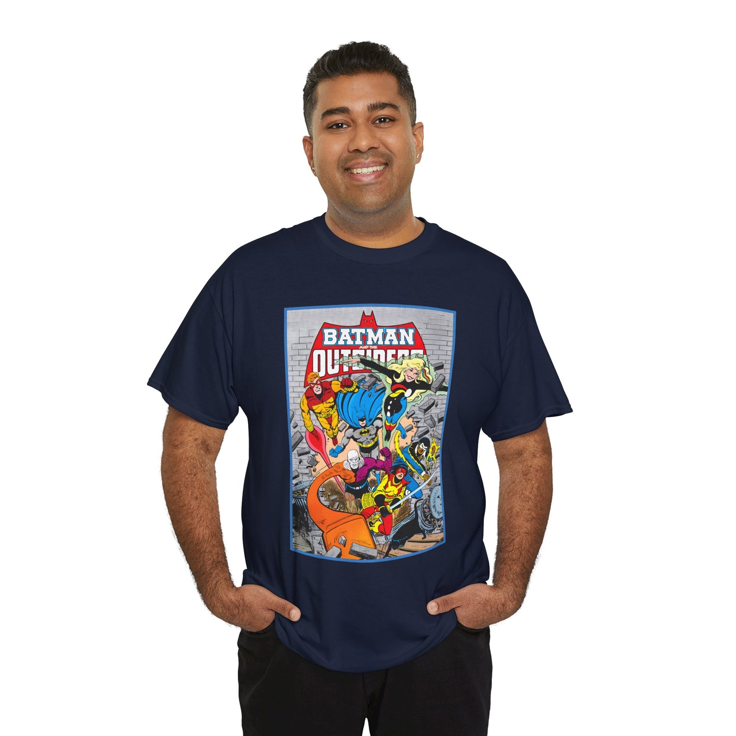 Batman & the Outsiders T-Shirt - Jim Aparo Art - Katana, Geo-Force, Black Lightning, Metamorpho, Halo - DC Comics - 1980s JLA Spin-Off Series