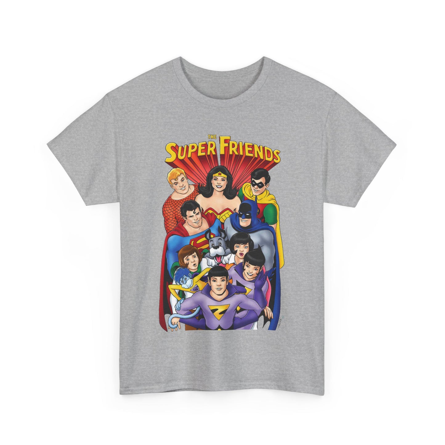 Super Friends T-Shirt - Kevin Maguire Art - Wonder Twins, Gleek, Superman, Wonder Woman Batman - DC Comics - Based on 1970s Hanna-Barbera Cartoon