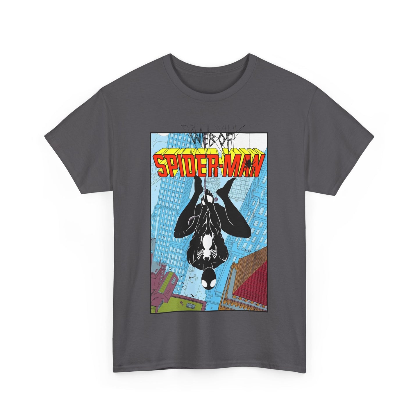 Web of Spider-Man T-Shirt - Charles Vess Art - Peter Parker, Web Slinger - Manhattan Skyline - Spidey Black Suit - Marvel Comics