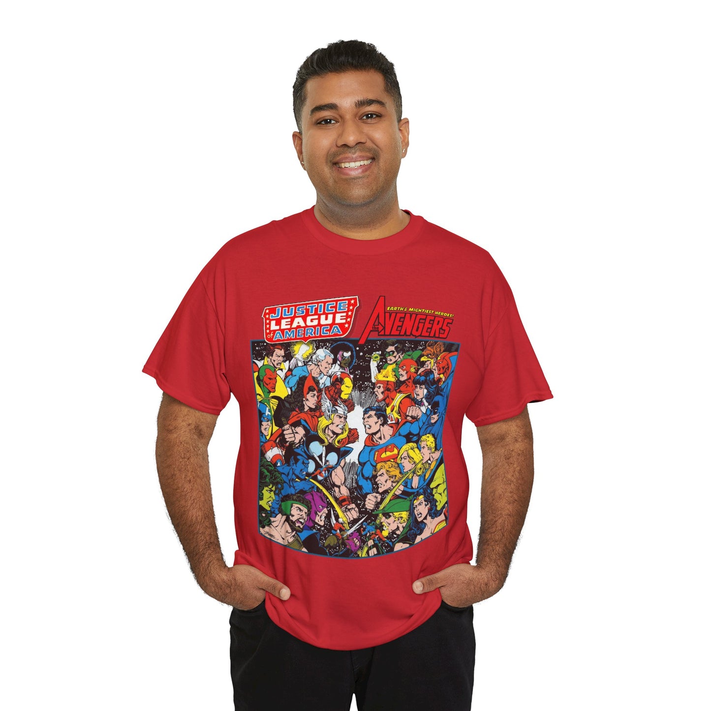 Justice League/Avengers T-Shirt - DC & Marvel Comics Art - George Perez - JLA - Batman, Captain America, Iron Man, Green Lantern