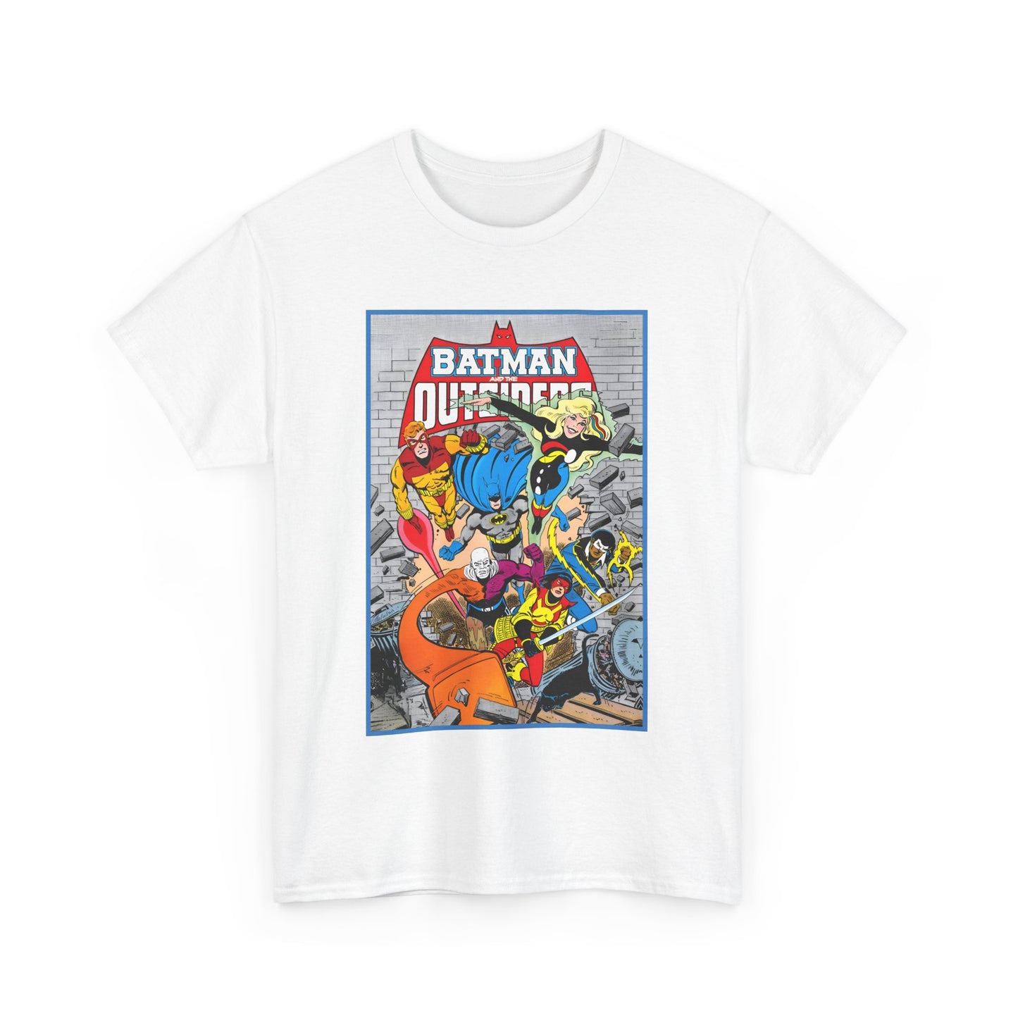 Batman & the Outsiders T-Shirt - Jim Aparo Art - Katana, Geo-Force, Black Lightning, Metamorpho, Halo - DC Comics - 1980s JLA Spin-Off Series