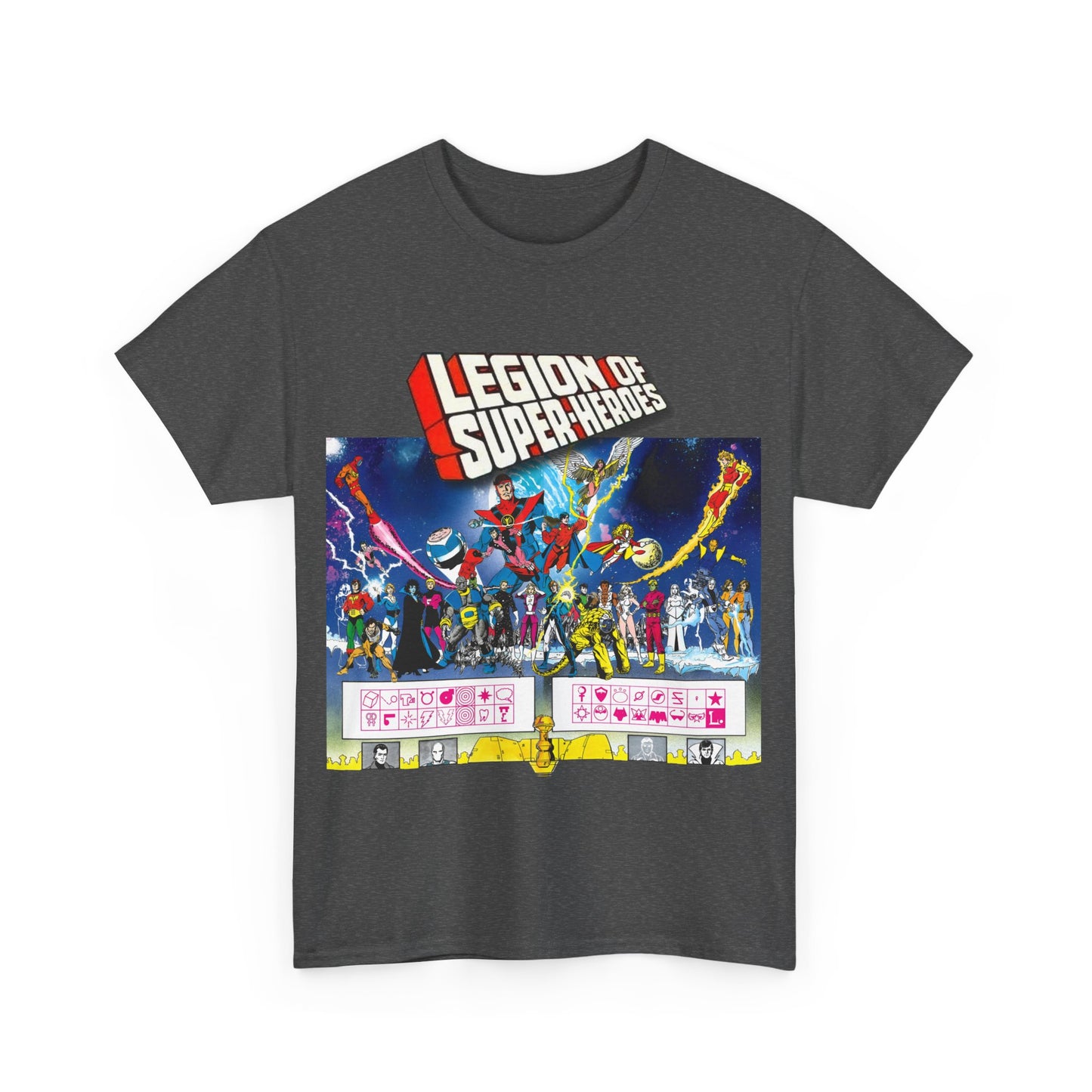 Legion of Super-Heroes T-Shirt - Gorgeous George Perez Art - History of the DC Universe - Lightning Lad, Timber Wolf, Wildfire, Sun Boy, Chamelon Boy - DC Comics