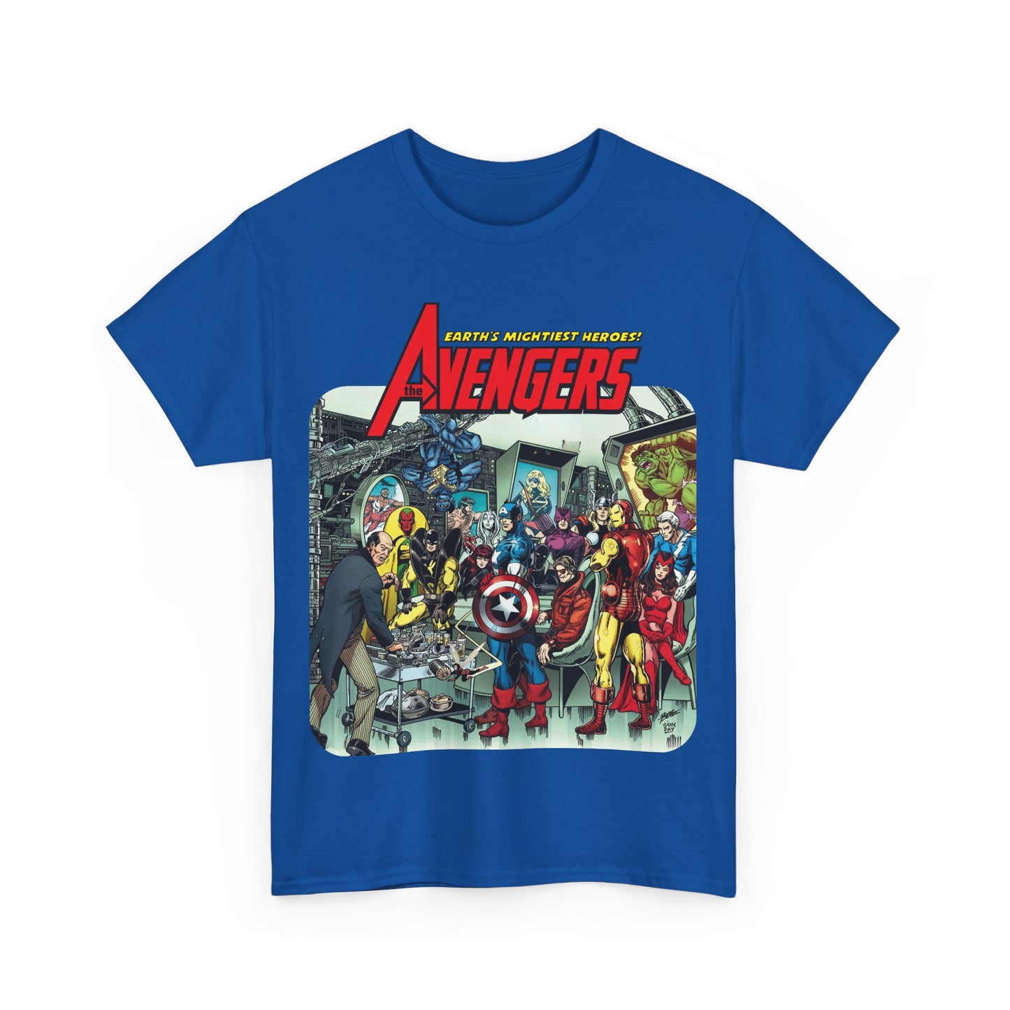 Classic Avengers T-Shirt - George Perez Art - Captain America, Hawkeye, Iron Man, Vision, Scarlet Witch, Quicksilver, Jarvis - Marvel Comics
