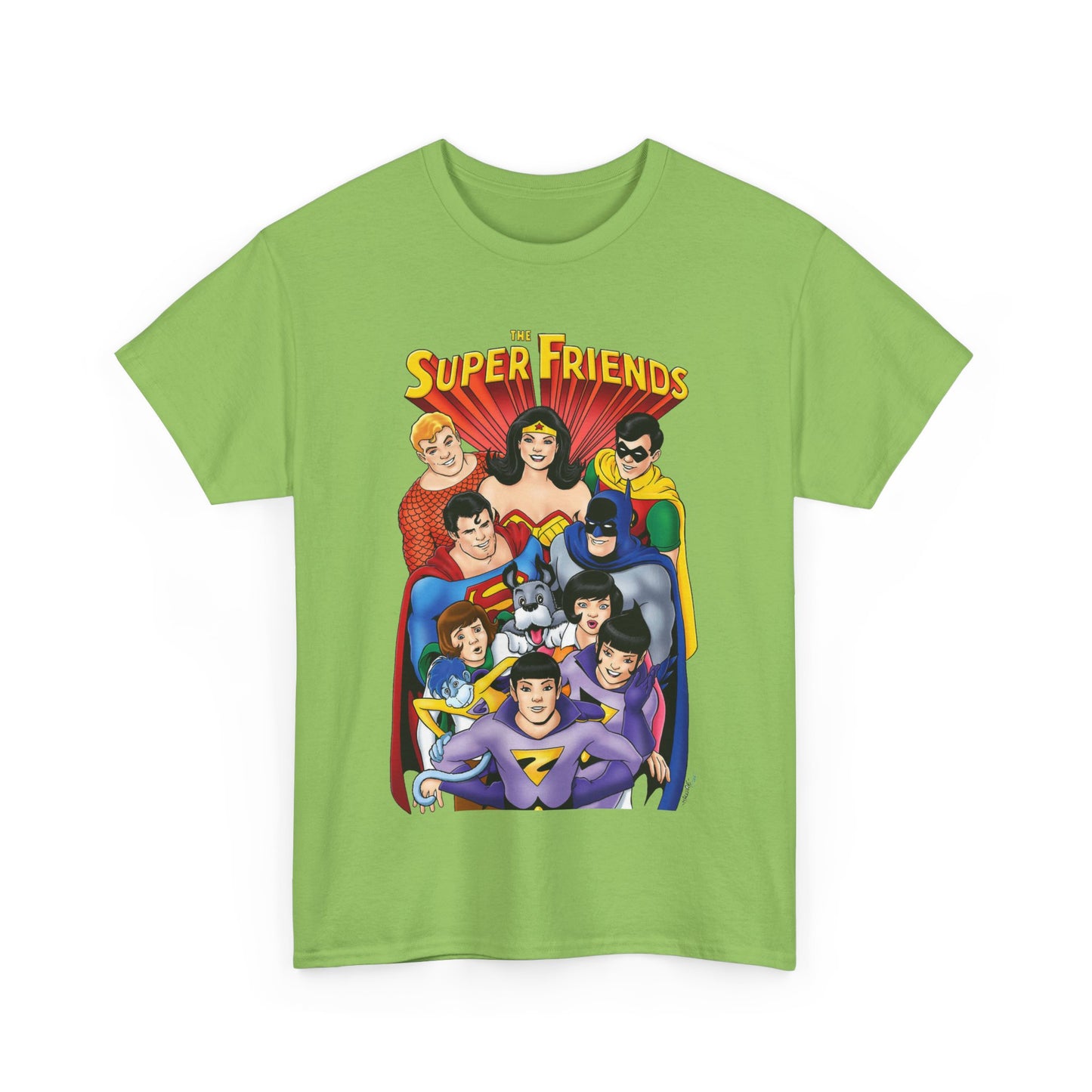 Super Friends T-Shirt - Kevin Maguire Art - Wonder Twins, Gleek, Superman, Wonder Woman Batman - DC Comics - Based on 1970s Hanna-Barbera Cartoon