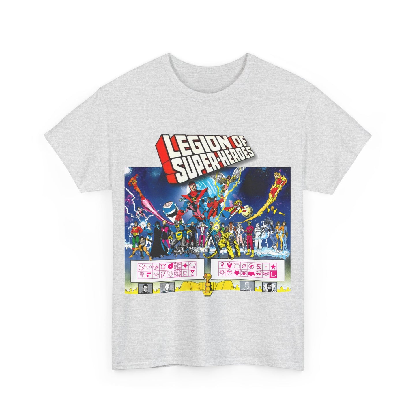 Legion of Super-Heroes T-Shirt - Gorgeous George Perez Art - History of the DC Universe - Lightning Lad, Timber Wolf, Wildfire, Sun Boy, Chamelon Boy - DC Comics