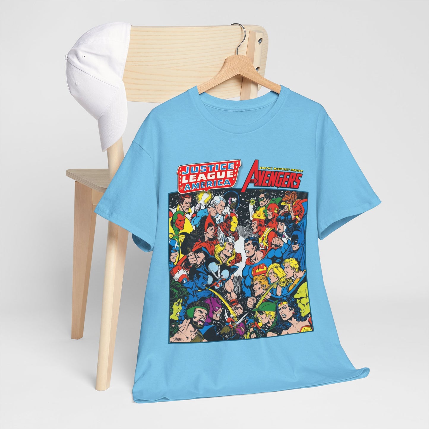 Justice League/Avengers T-Shirt - DC & Marvel Comics Art - George Perez - JLA - Batman, Captain America, Iron Man, Green Lantern
