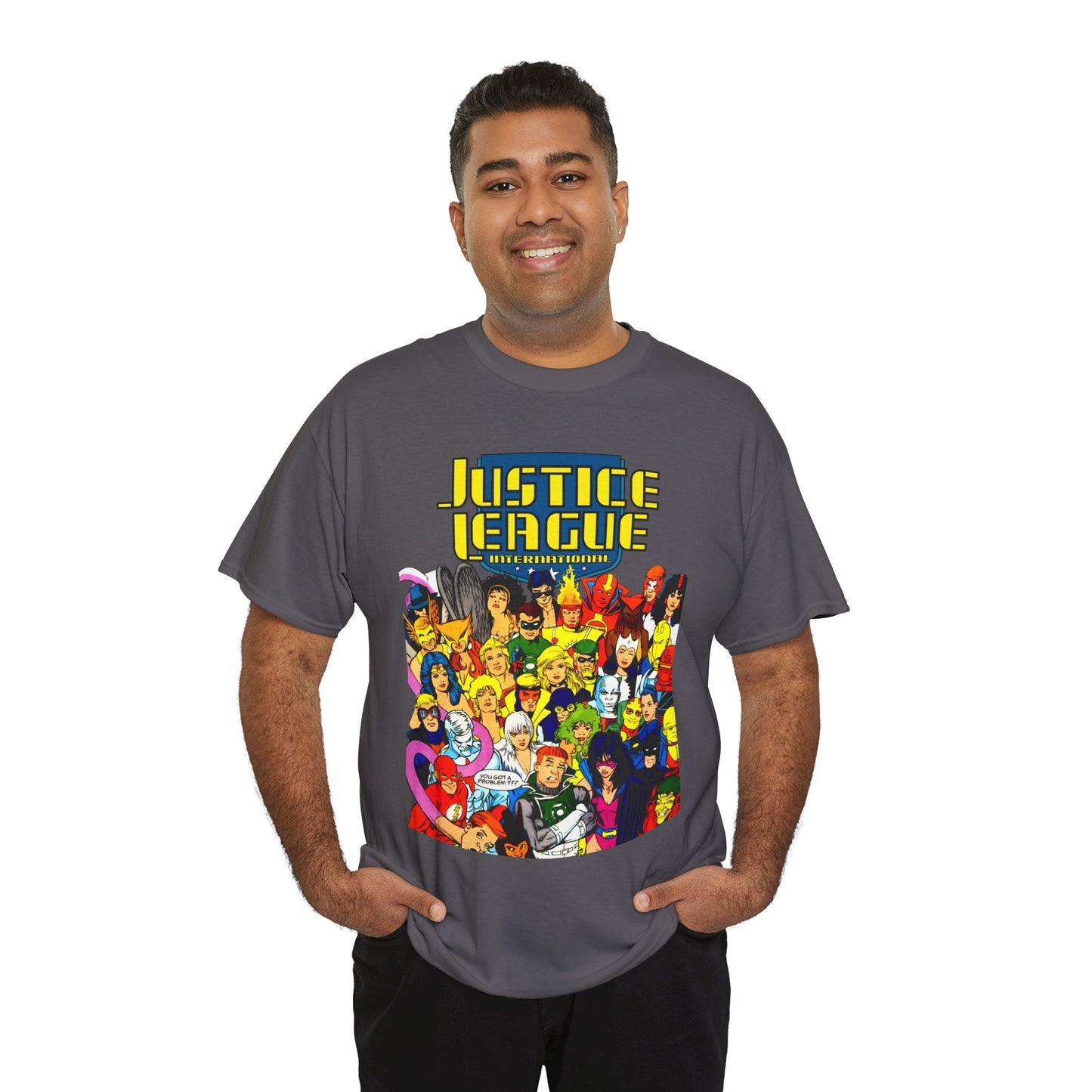 Justice League International T-Shirt - Kevin Maguire DC Comics Sourcebook Art - Booster Gold, Blue Beetle, Batman, Martian Manhunter, Captain Atom, Fire, Ice, Guy Gardner