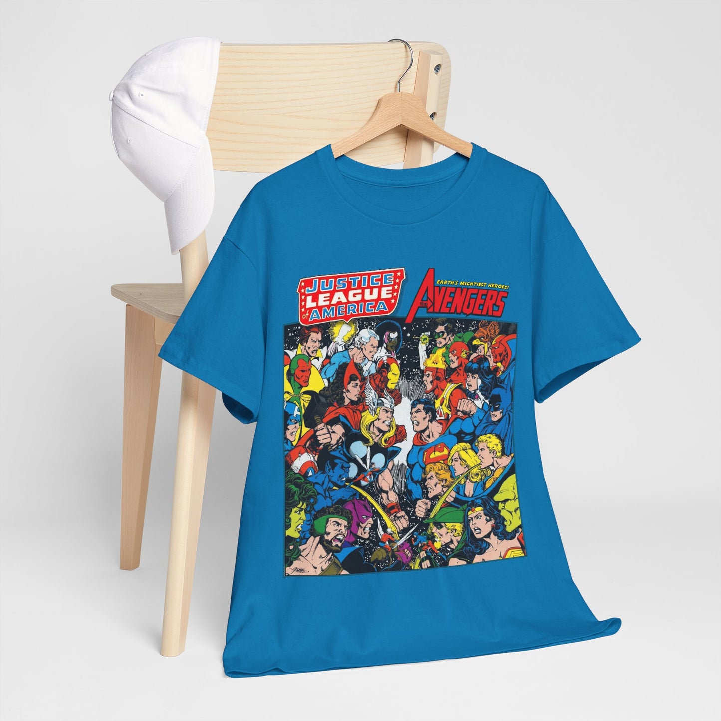 Justice League/Avengers T-Shirt - DC & Marvel Comics Art - George Perez - JLA - Batman, Captain America, Iron Man, Green Lantern