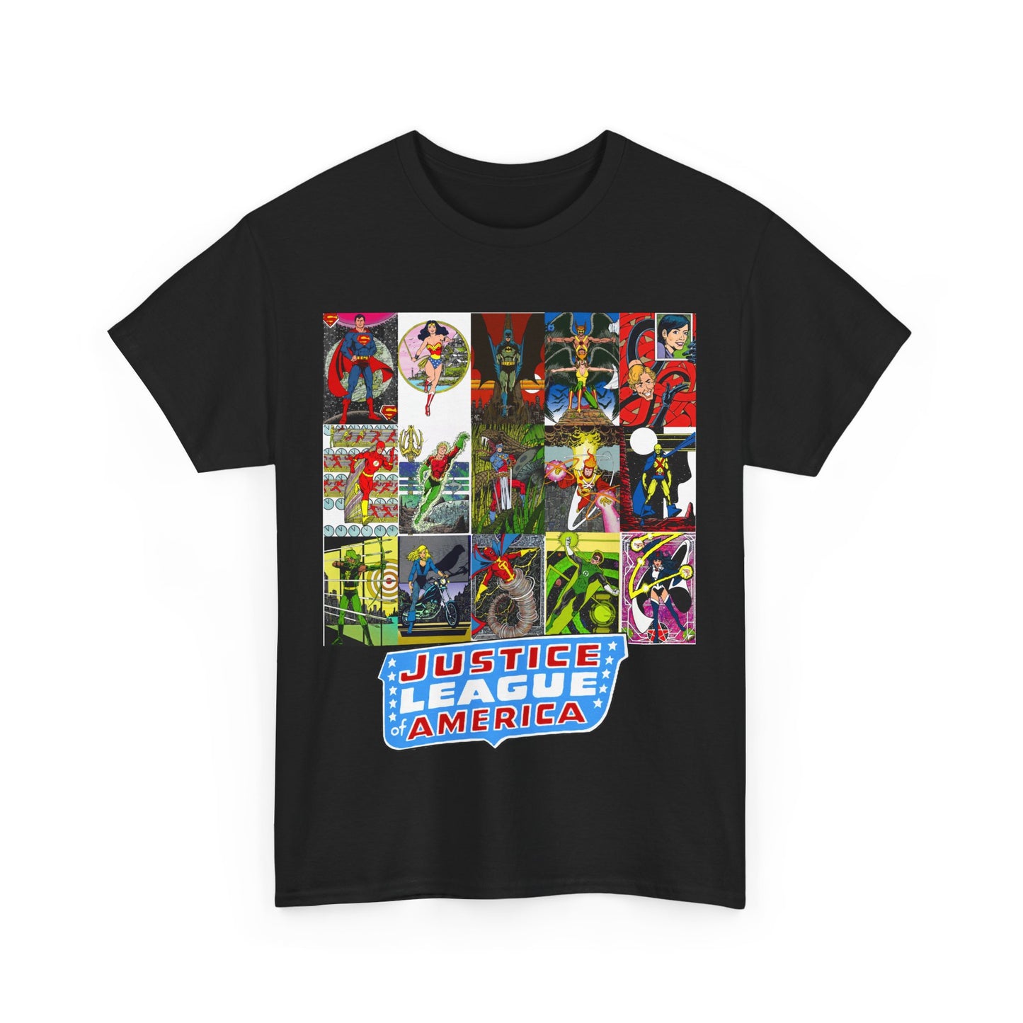 JLA Postcard T-Shirt - George Perez Art - Zatanna, Green Lantern, Flash, Batman, Hawkman, Wonder Woman, Firestorm - Justice League of America - DC Comics