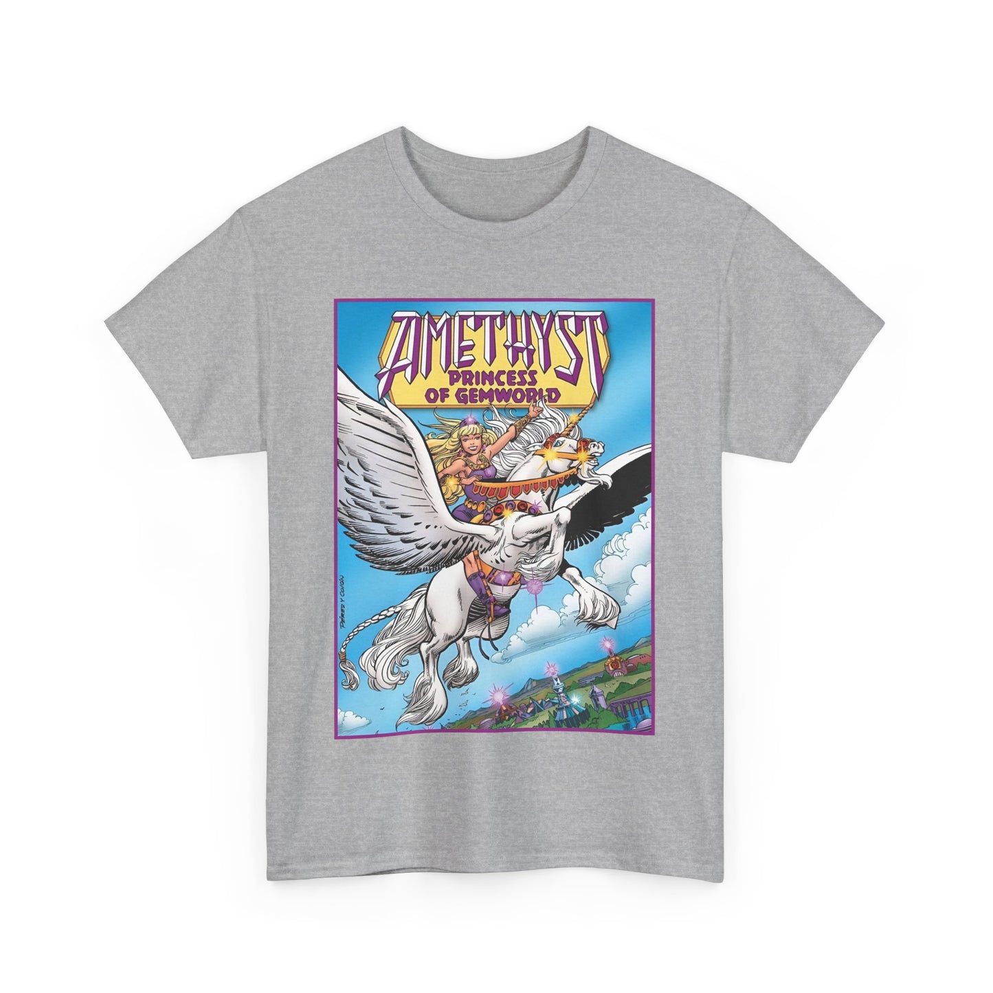 Amethyst Princess of Gemworld T-Shirt - George Perez Art - DC Comics 1980s Series - Riding a Unicorn