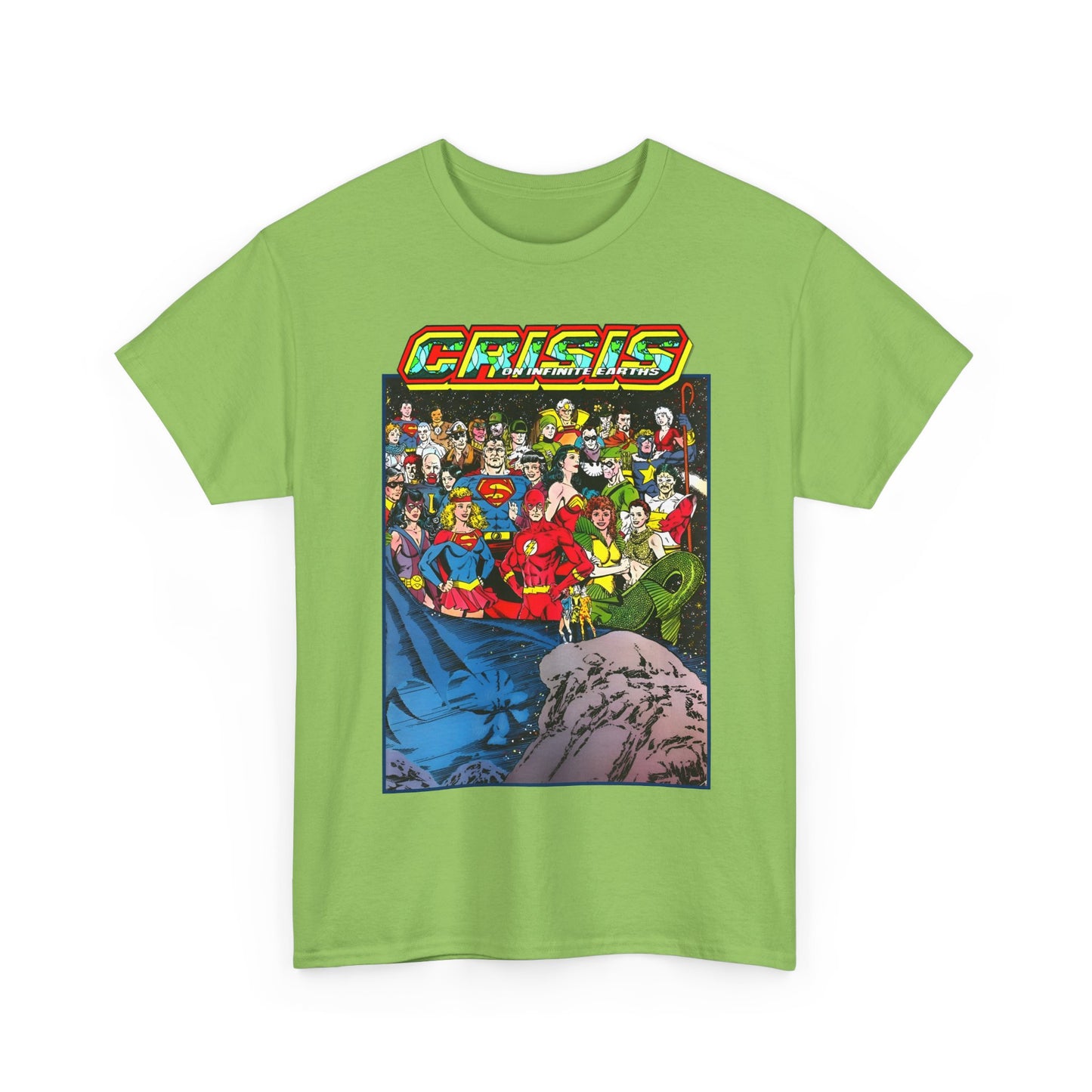 Crisis on Infinite Earths T-Shirt - George Perez Art - Supergirl, Flash, Huntress, Starman, Earth 3 Luthor, Lori Lemaris, Aquagirl, Earth 2 Robin - DC Comics