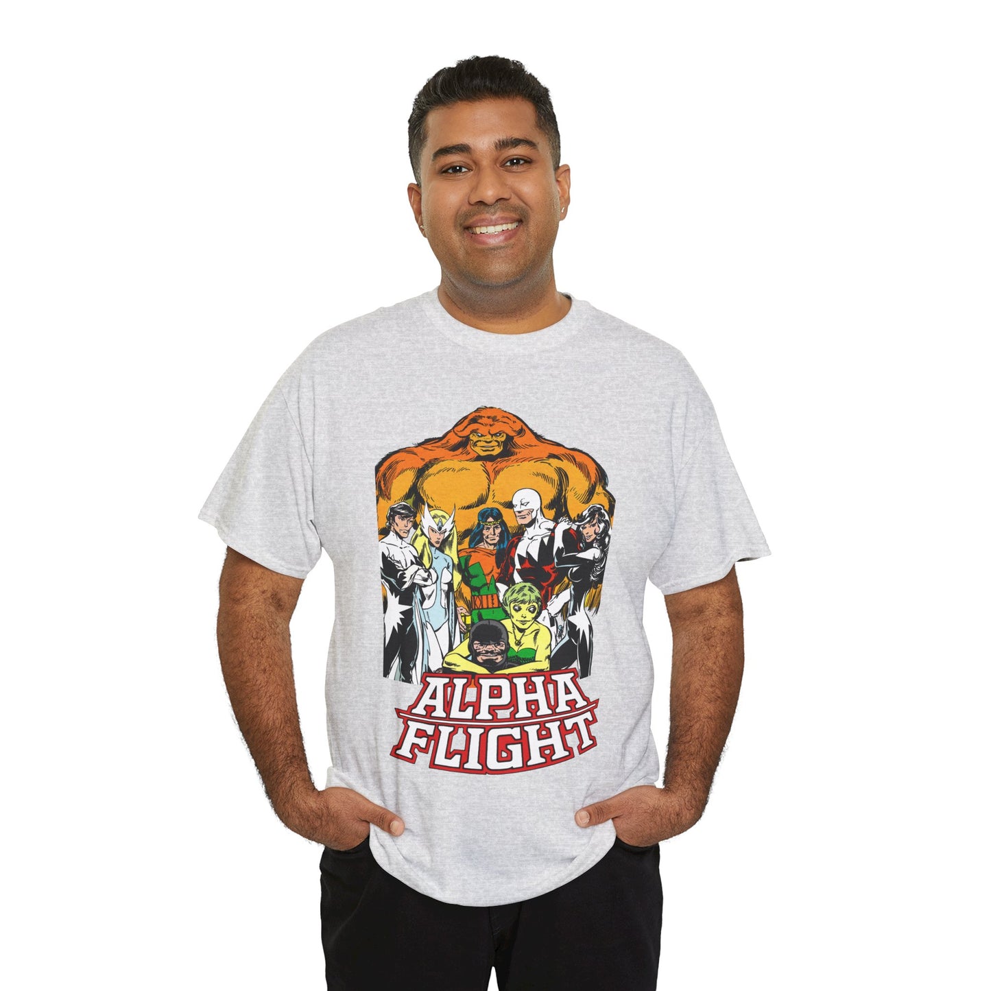 Alpha Flight T-Shirt - John Byrne Art - Northstar, Aurora, Guardian, Puck, Snowbird, Shaman, Sasquatch - Canada's Superhero Team - X-Men Connection - Marvel Comics