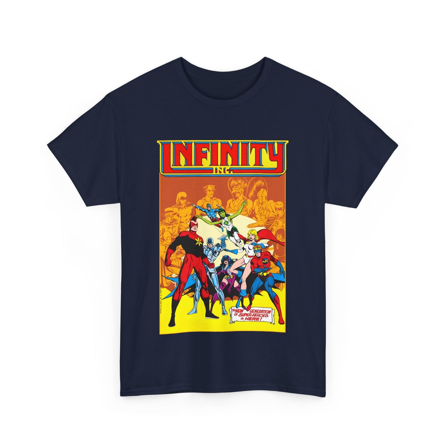 Infinity, Inc T-Shirt - Jerry Ordway Art - Silver Scarab, Huntress, Power Girl, Star-Spangled Kid, Fury, Jade - DC Comics - 1980s JSA Spin-Off Series