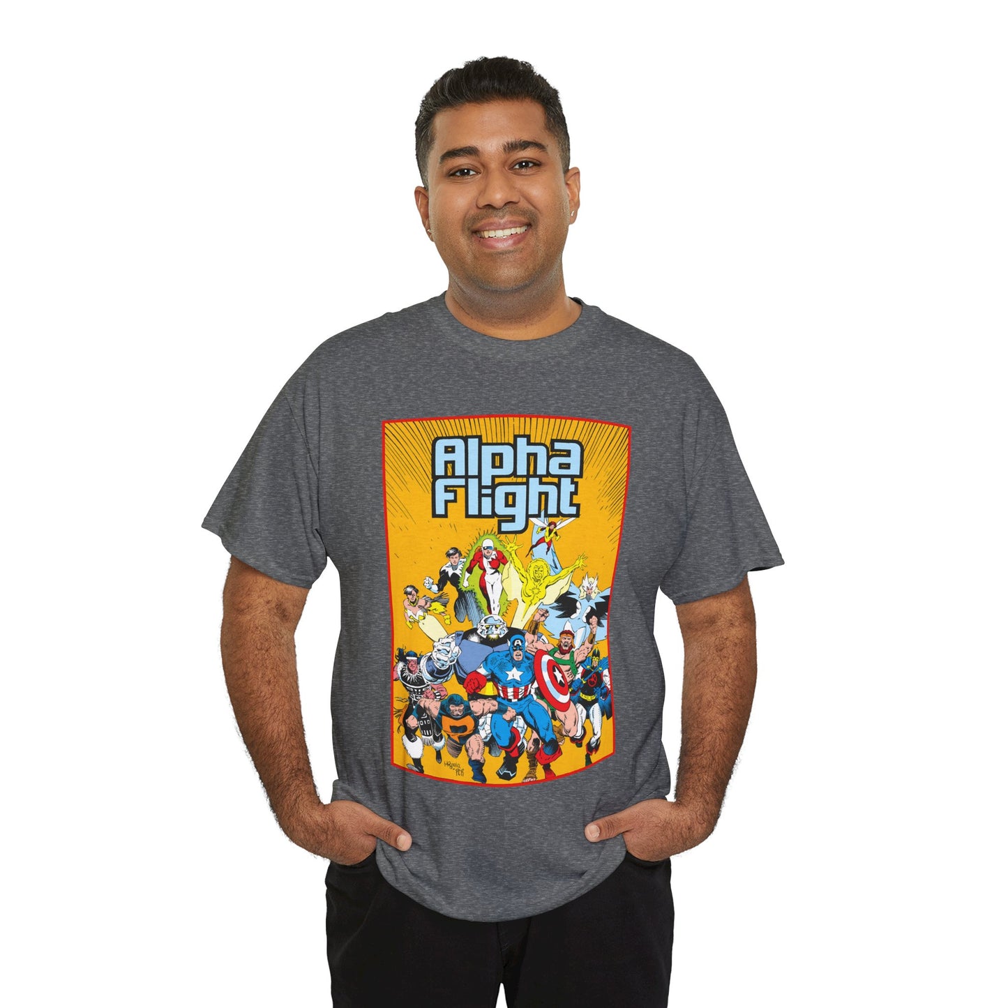 Alpha Flight T-Shirt - Mike Mignola Art - Northstar, Aurora, Snowbird, Shaman, Puck - Avengers: Captain America, Captain Marvel, Hercules, Black Knight - Marvel Comics
