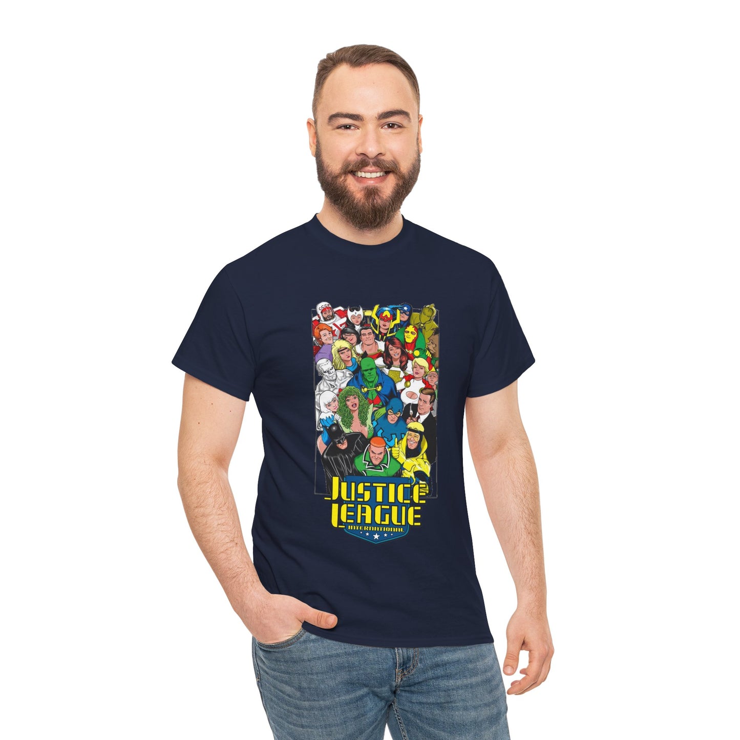 Justice League International T-Shirt - DC Comics - JLI - Kevin Maguire Art - Blue Beetle, Booster Gold, Martian Manhunter, Captain Atom