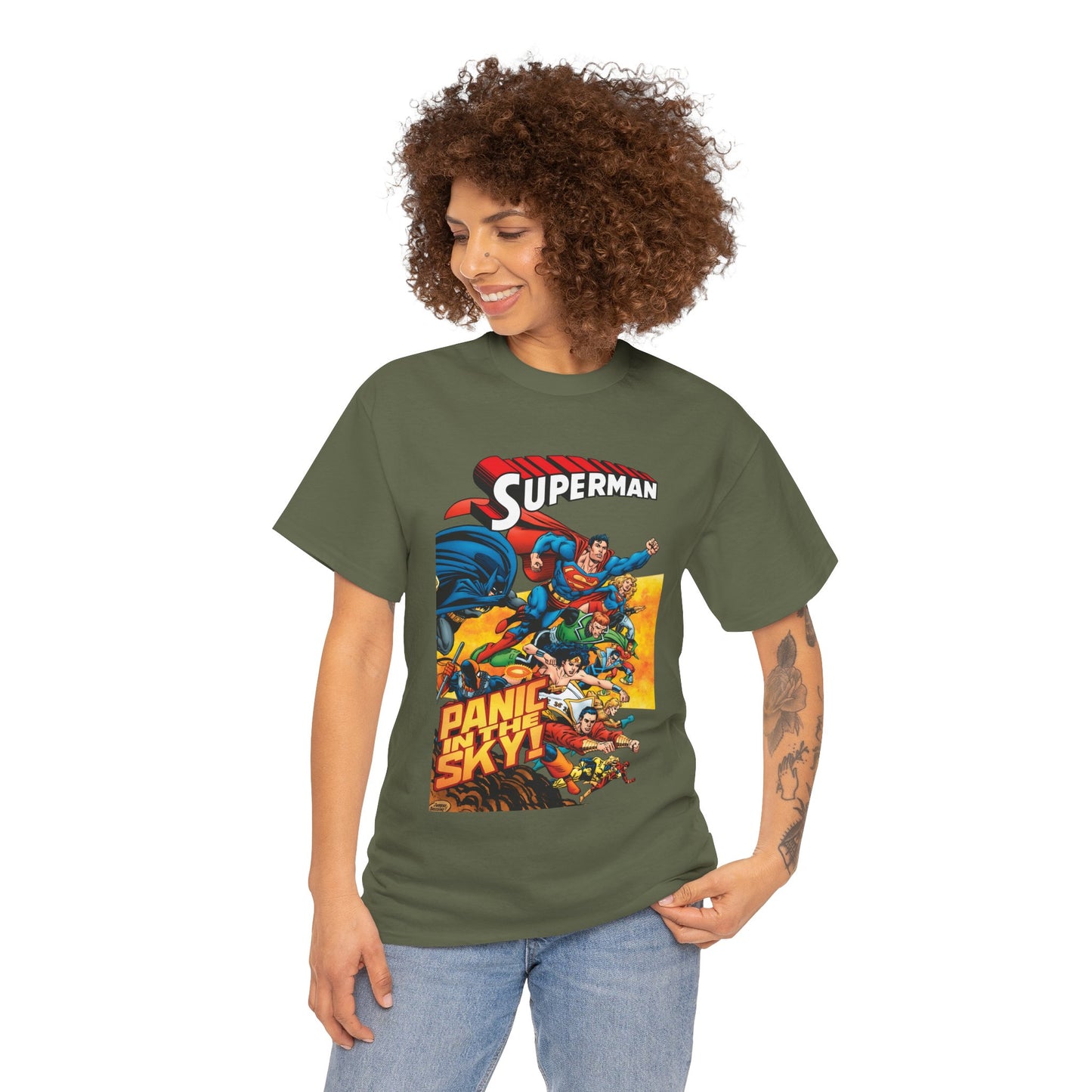 Superman - Panic in the Sky T-Shirt - Dan Jurgens Art - Vs Brainiac & Maxima - Wonder Woman, Booster Gold, Shazam, Batman, Flash, Aquaman, Supergirl - DC Comics