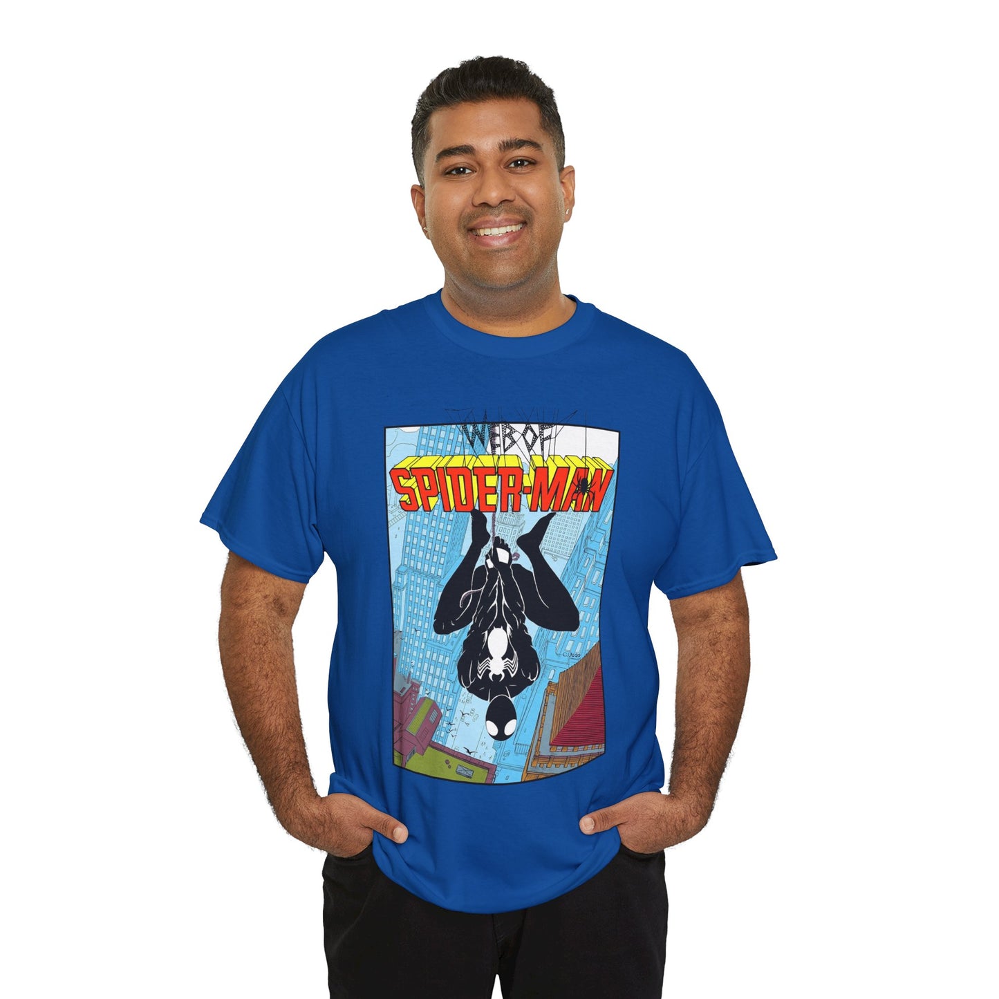 Web of Spider-Man T-Shirt - Charles Vess Art - Peter Parker, Web Slinger - Manhattan Skyline - Spidey Black Suit - Marvel Comics