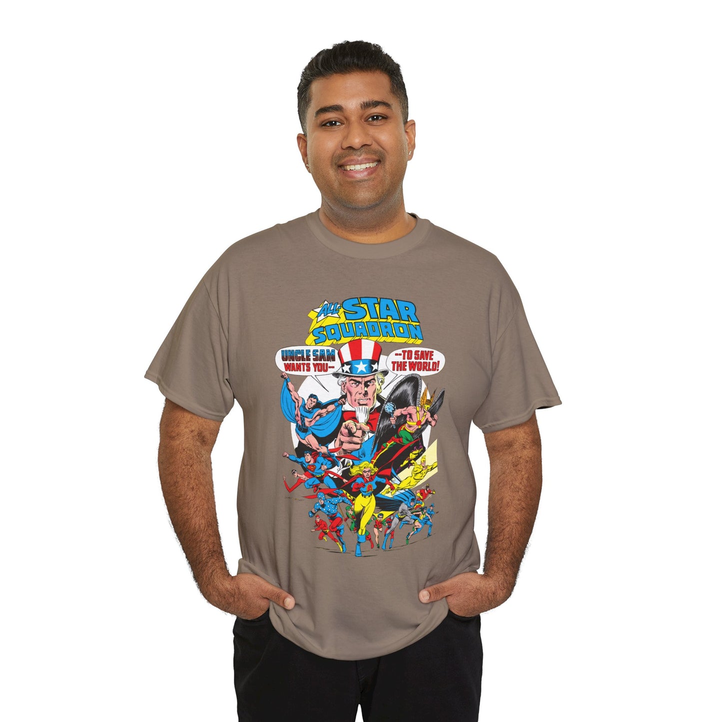 All-Star Squadron T-Shirt - Jerry Ordway Art - Uncle Sam, Hawkman, Superman, Liberty Belle, Black Condor, the Ray, Batman, Plastic Man - JSA Link - DC Comics