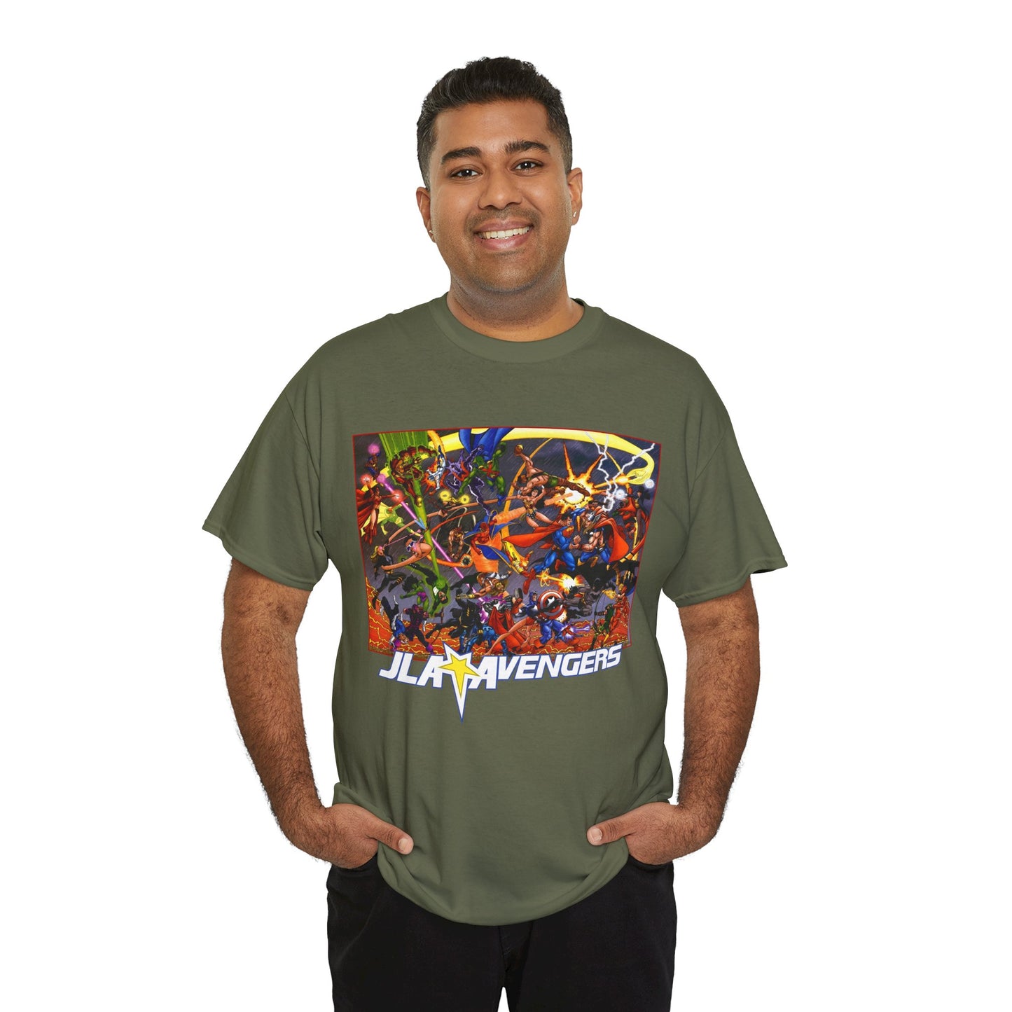 Avengers Vs JLA T-Shirt - Stunning George Perez Art - Marvel & DC Comics Crossover - Thor, Superman, Wonder Woman, Hercules, Iron Man, Batman, Black Canary, Scarlet Witch, Wonder Man, Martian Manhunter