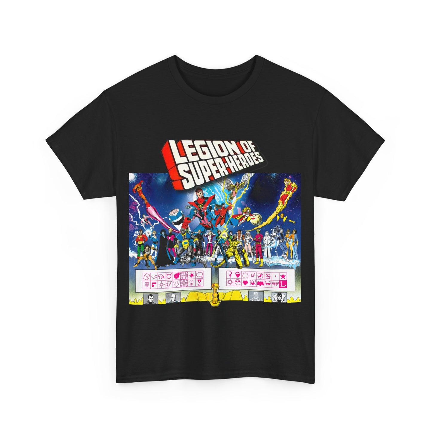 Legion of Super-Heroes T-Shirt - Gorgeous George Perez Art - History of the DC Universe - Lightning Lad, Timber Wolf, Wildfire, Sun Boy, Chamelon Boy - DC Comics