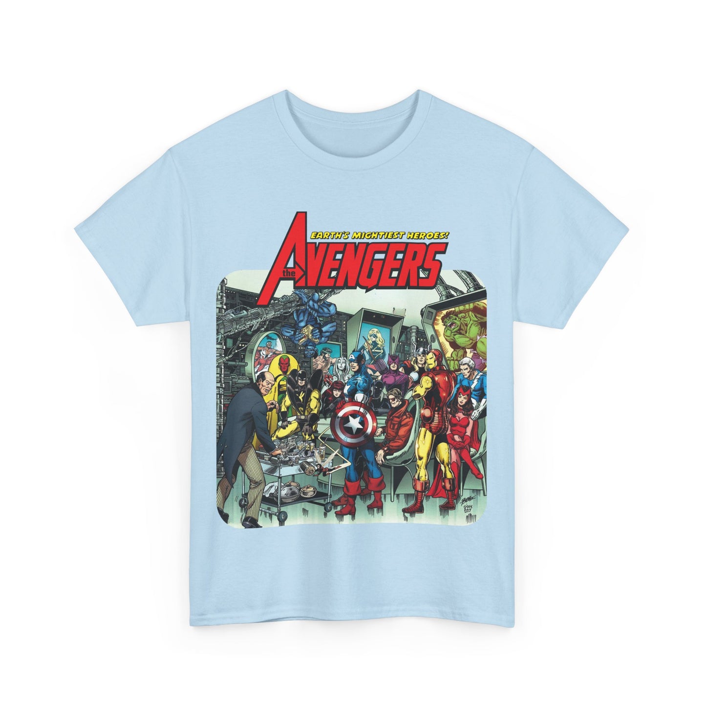 Classic Avengers T-Shirt - George Perez Art - Captain America, Hawkeye, Iron Man, Vision, Scarlet Witch, Quicksilver, Jarvis - Marvel Comics