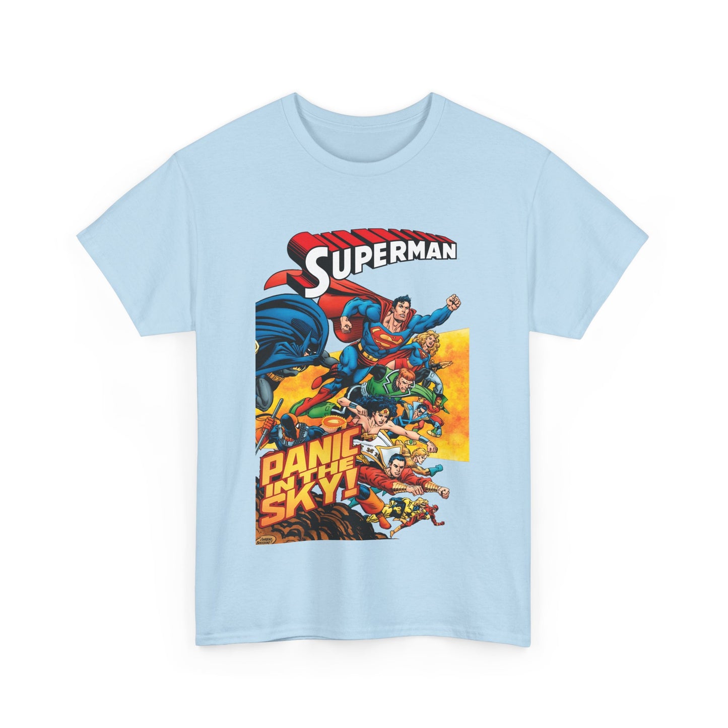 Superman - Panic in the Sky T-Shirt - Dan Jurgens Art - Vs Brainiac & Maxima - Wonder Woman, Booster Gold, Shazam, Batman, Flash, Aquaman, Supergirl - DC Comics