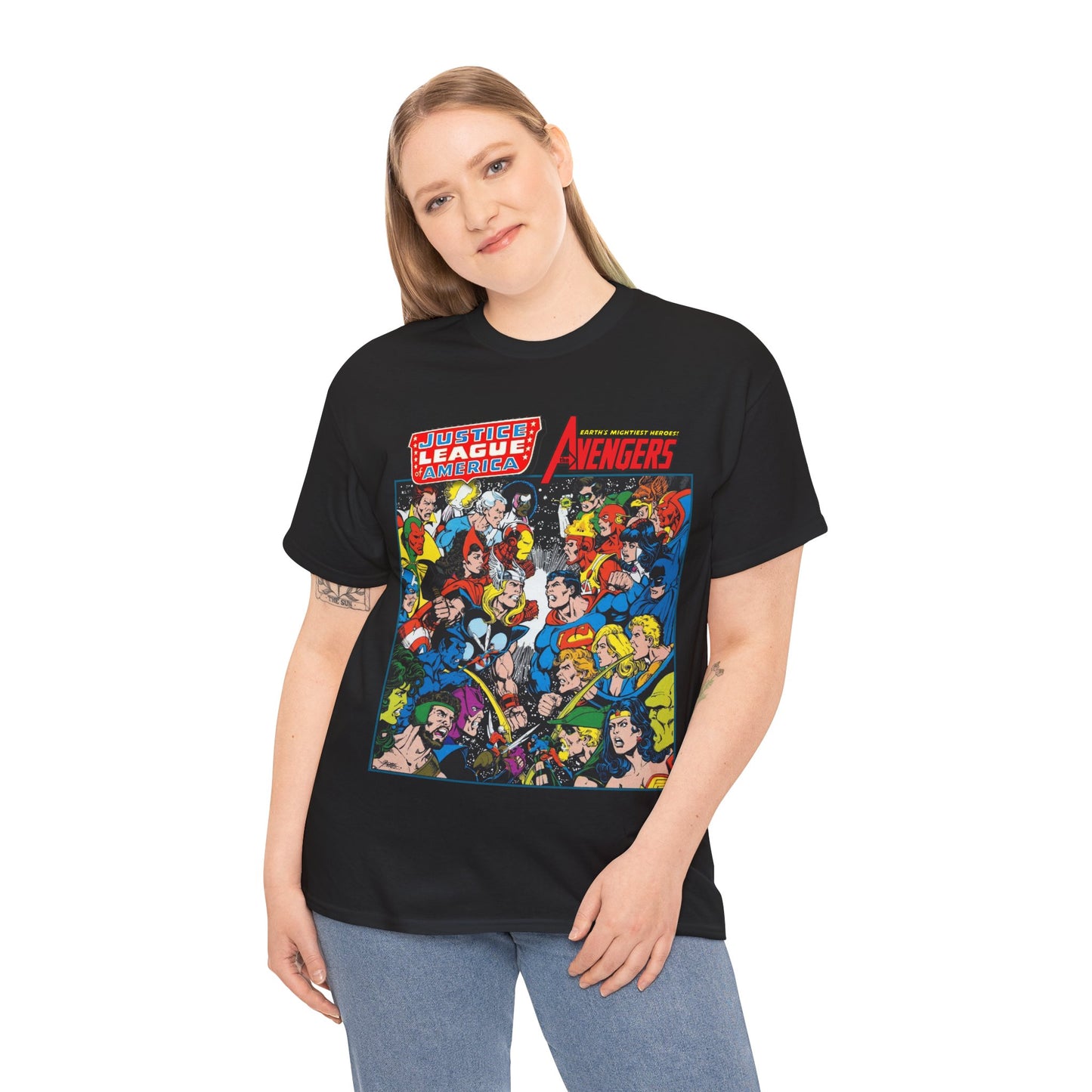 Justice League/Avengers T-Shirt - DC & Marvel Comics Art - George Perez - JLA - Batman, Captain America, Iron Man, Green Lantern