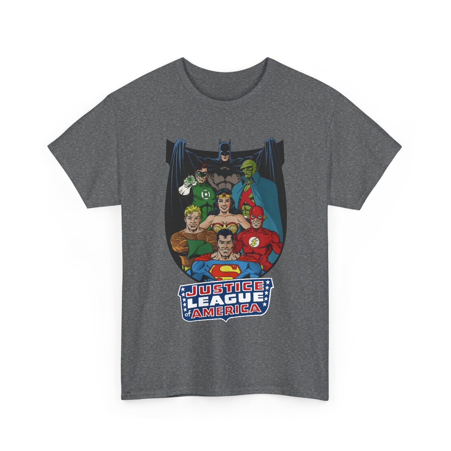 Justice League of America T-Shirt - George Perez Art - Superman, Wonder Woman, Batman, Aquaman, Martian Manhunter, Flash, Green Lantern - DC Comics