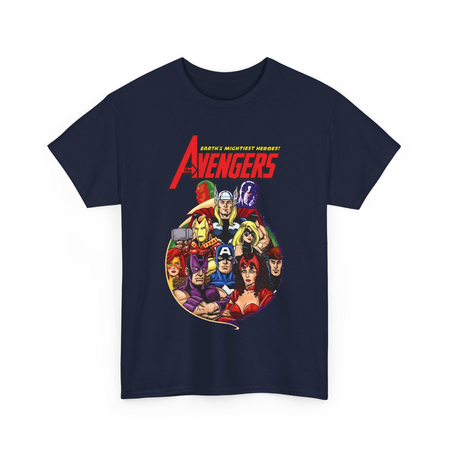 Avengers T-Shirt - George Perez Art - Captain America, Vision, Wonder Man, Iron Man, Thor, Hawkeye, Scarlet Witch - Popular Marvel Comics Characters