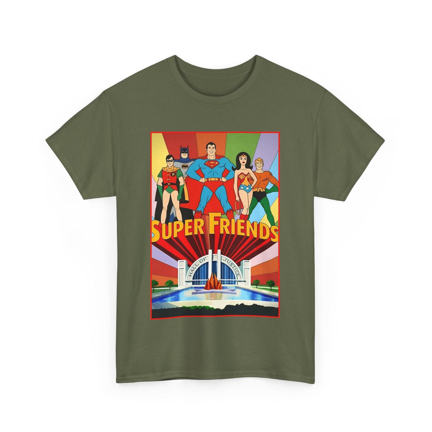Super Friends T-Shirt - Batman, Superman, Wonder Woman, Robin - Hanna-Barbera Cartoon - DC Comics - Hall of Justice