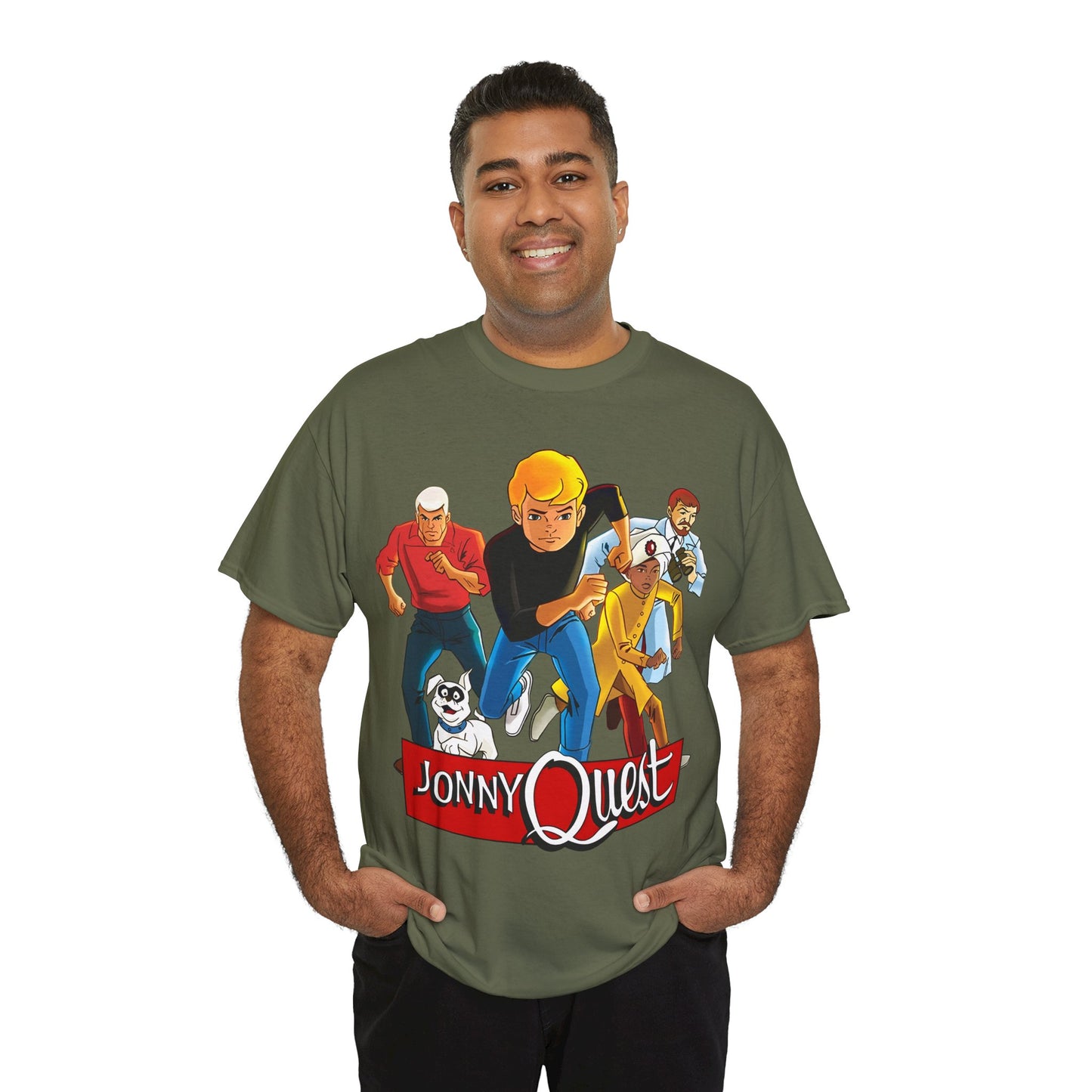 Jonny Quest T-Shirt - Popular Hanna-Barbera Cartoon Characters from the 1960s Adventure TV Show - Dr Benton, Hadji, Race Bannon, Bandit the Dog