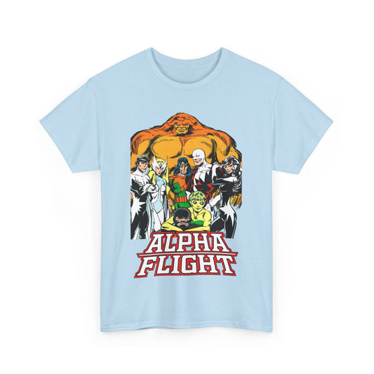 Alpha Flight T-Shirt - John Byrne Art - Northstar, Aurora, Guardian, Puck, Snowbird, Shaman, Sasquatch - Canada's Superhero Team - X-Men Connection - Marvel Comics
