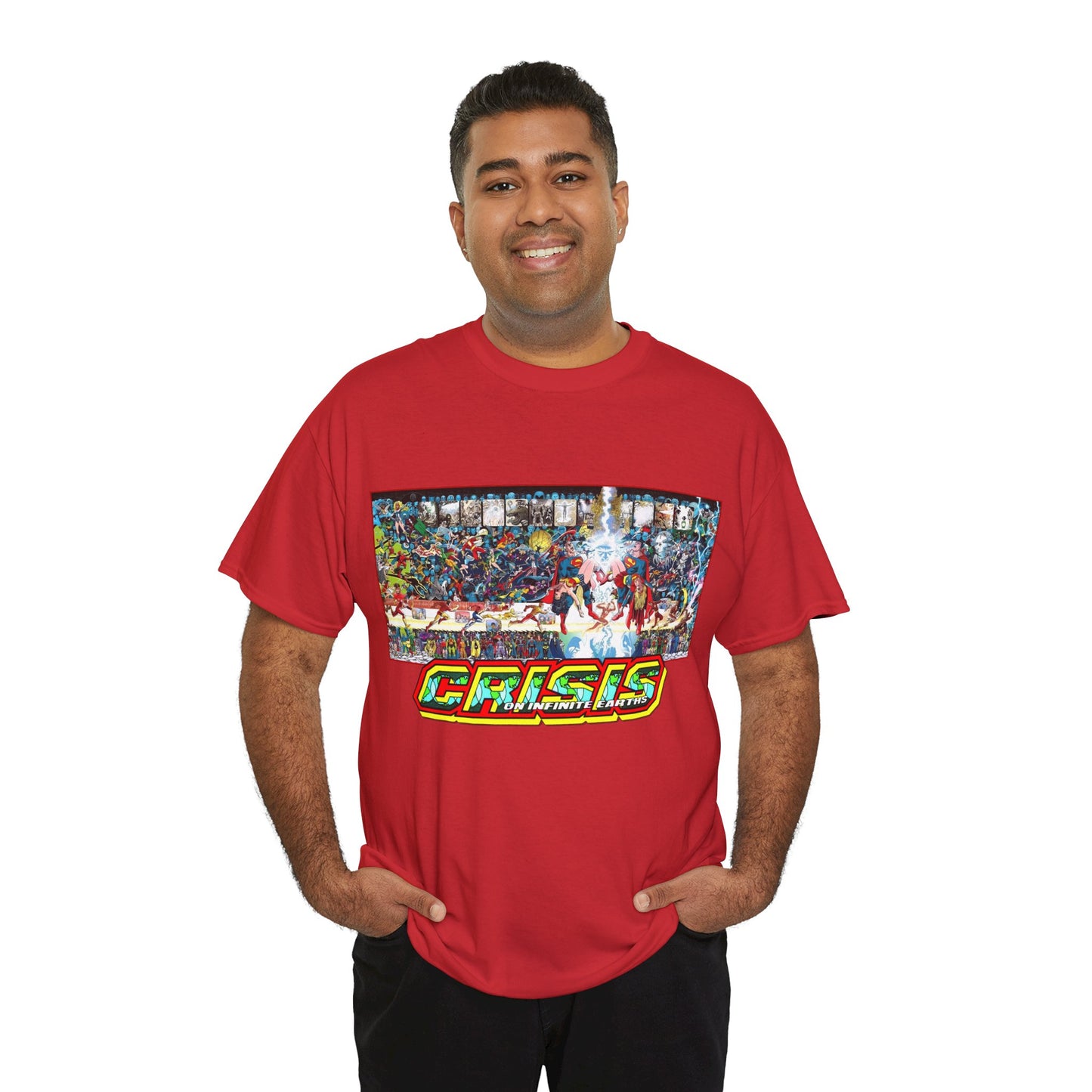 Crisis on Infinite Earths T-Shirt - Jerry Ordway/George Perez Art - Updated 2025 Poster Art - Superman, Wonder Woman, Supergirl, Flash, Harbinger, Pariah, Obsidian, Firestorm - DC Comics