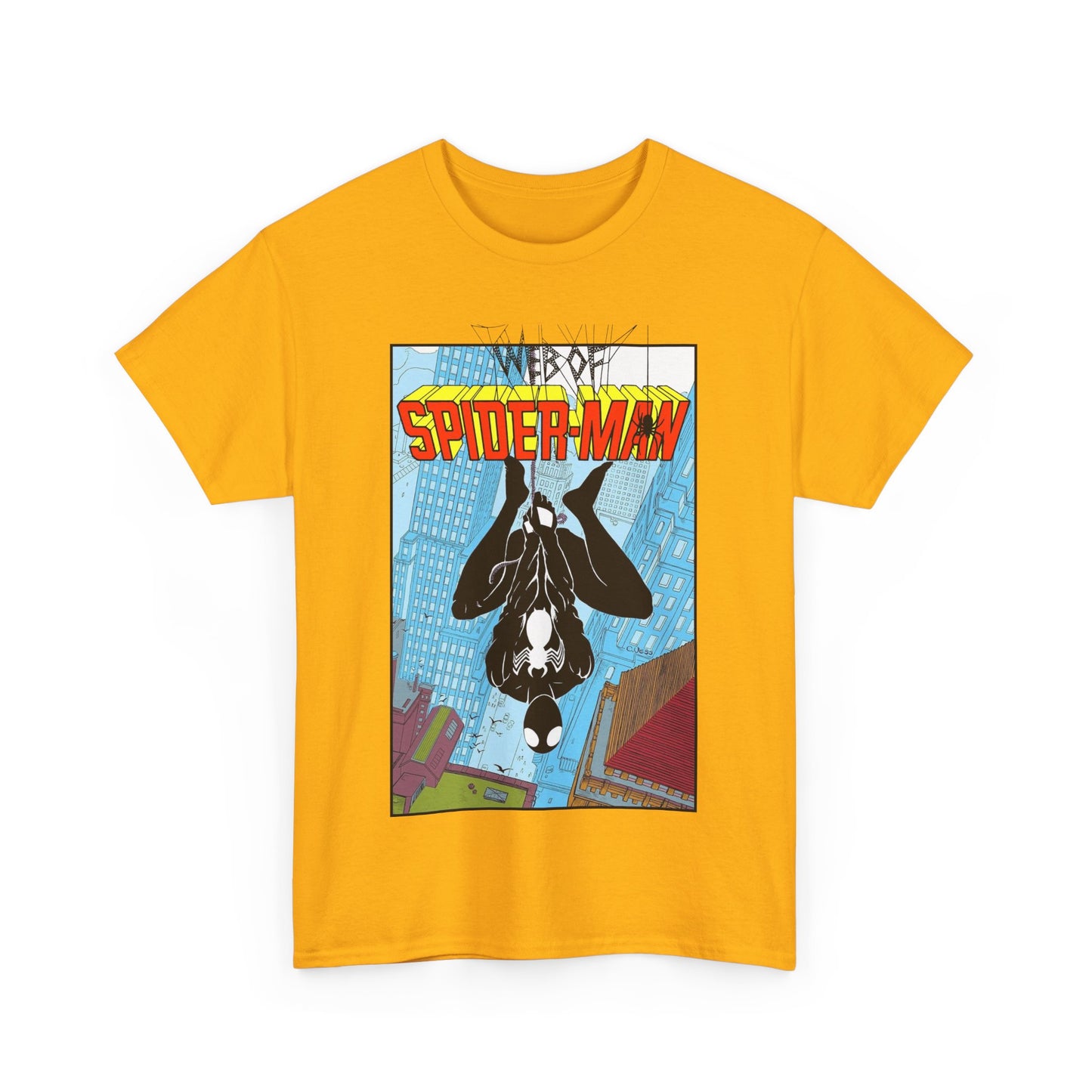 Web of Spider-Man T-Shirt - Charles Vess Art - Peter Parker, Web Slinger - Manhattan Skyline - Spidey Black Suit - Marvel Comics