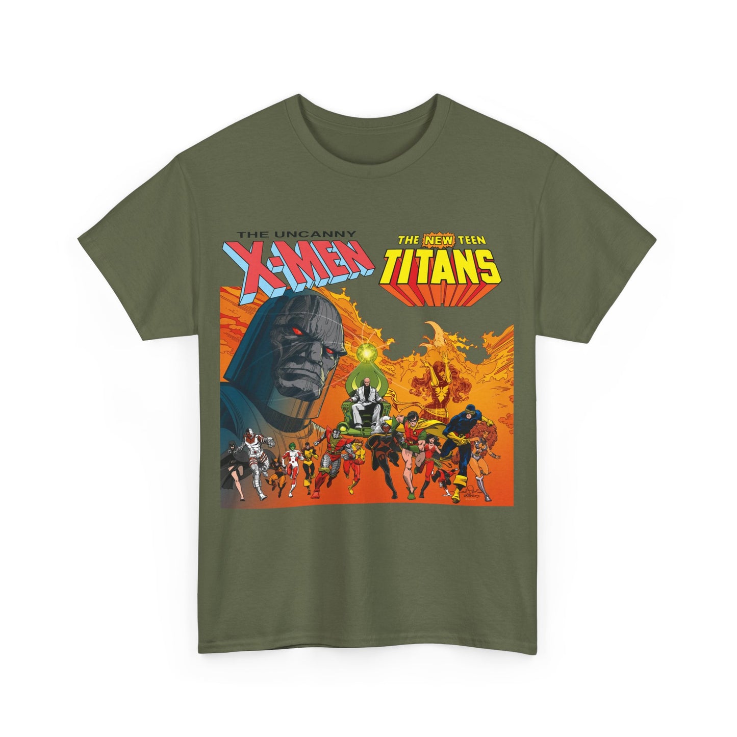 X-Men & New Teen Titans T-Shirt - Walt Simonson Art - Marvel & DC Comics Crossover - Wolverine, Raven, Storm, Cyclops, Robin, Cyborg, Colossus, Dark Phoenix, Darkseid