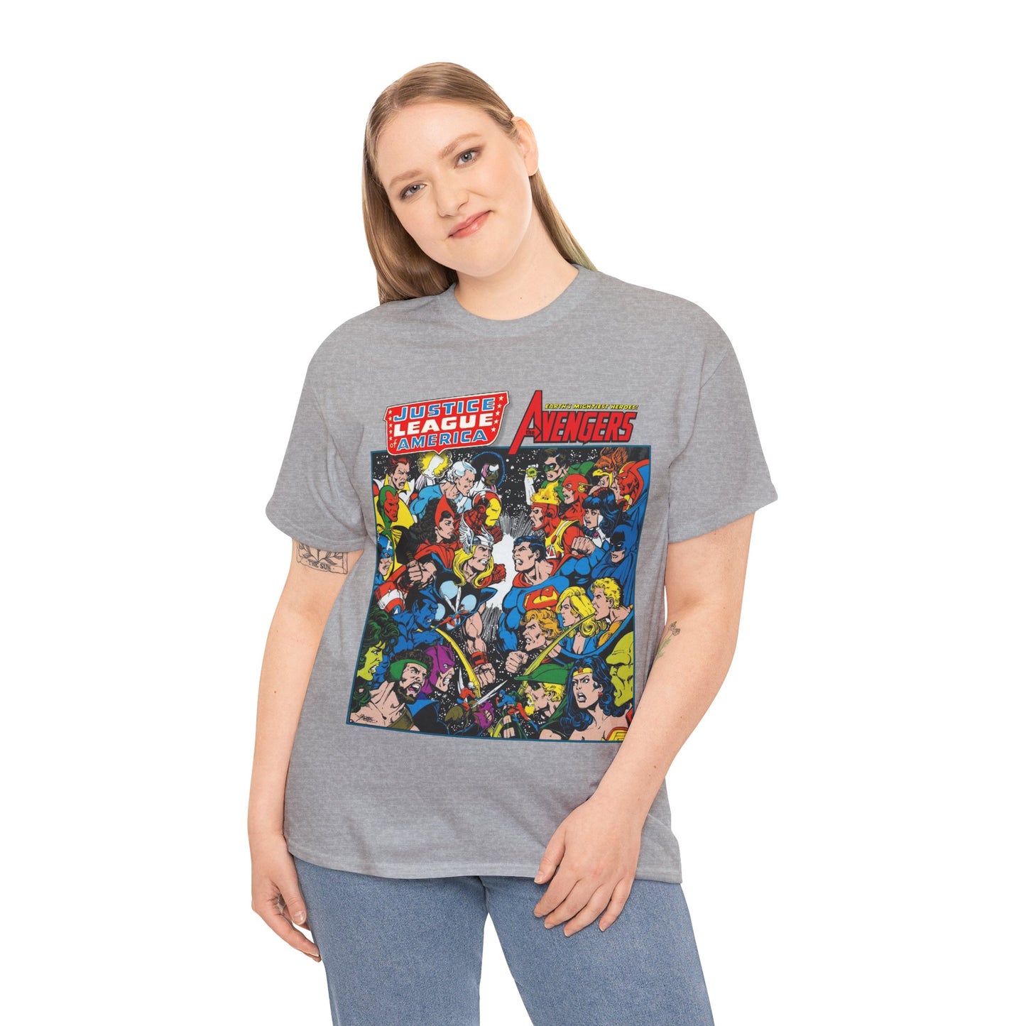 Justice League/Avengers T-Shirt - DC & Marvel Comics Art - George Perez - JLA - Batman, Captain America, Iron Man, Green Lantern
