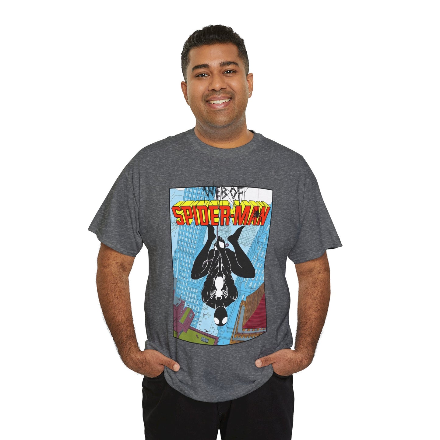 Web of Spider-Man T-Shirt - Charles Vess Art - Peter Parker, Web Slinger - Manhattan Skyline - Spidey Black Suit - Marvel Comics