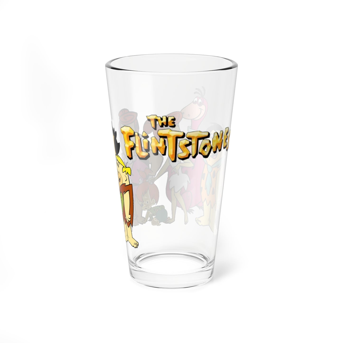 The Flintstones Pint Glass, 16oz - Fred & Wilma Flintstone, Betty & Barney Rubble, Pebbles & Bamm-Bamm, Pearl Slaghoople - Hanna-Barbera Cartoon