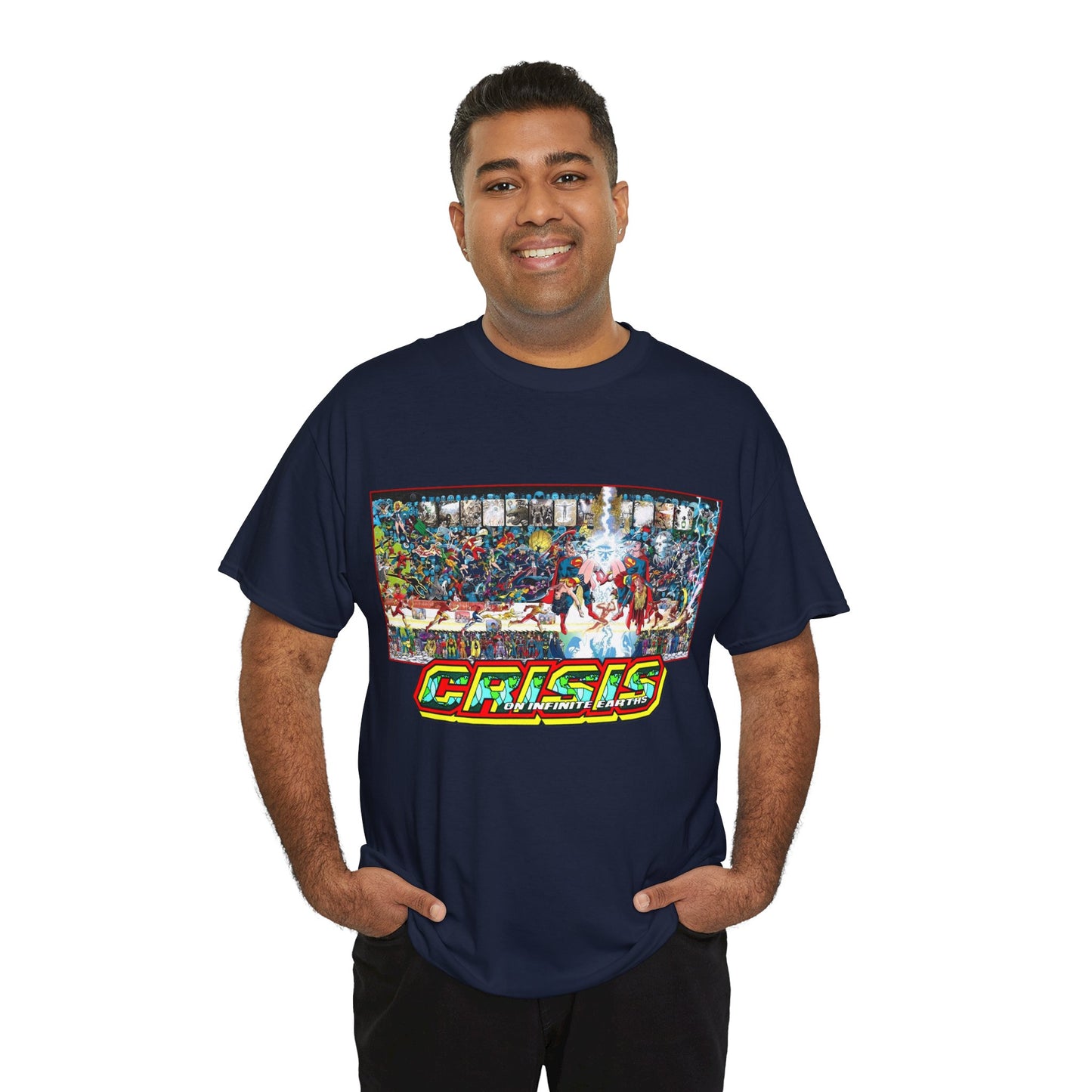 Crisis on Infinite Earths T-Shirt - Jerry Ordway/George Perez Art - Updated 2025 Poster Art - Superman, Wonder Woman, Supergirl, Flash, Harbinger, Pariah, Obsidian, Firestorm - DC Comics