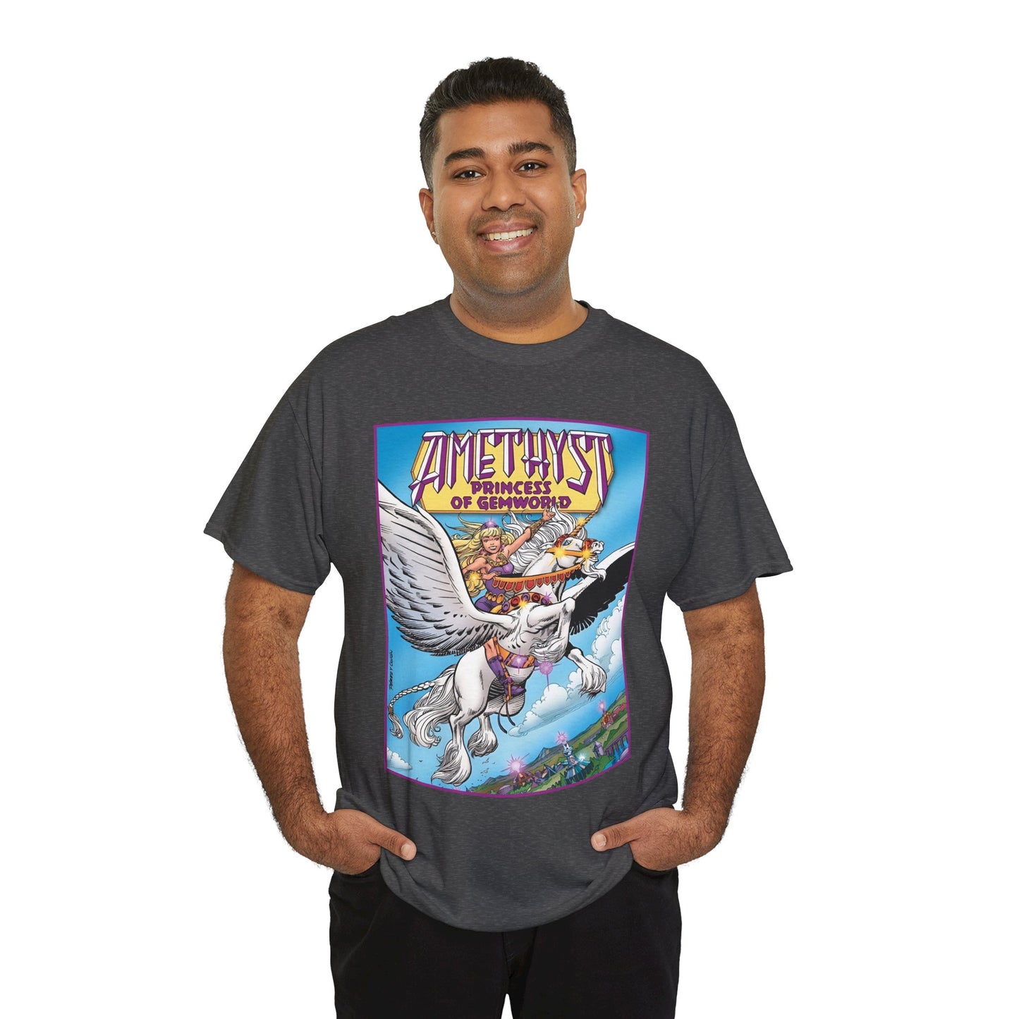 Amethyst Princess of Gemworld T-Shirt - George Perez Art - DC Comics 1980s Series - Riding a Unicorn