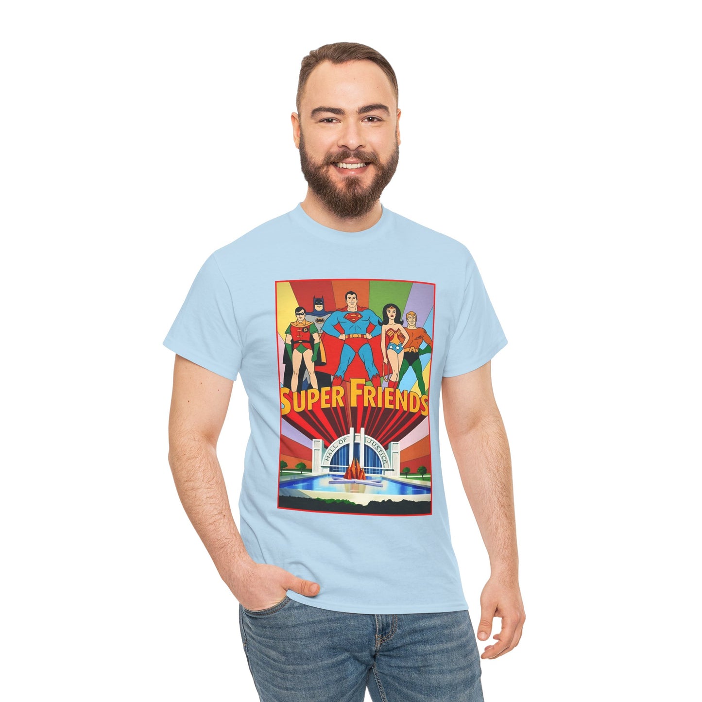 Super Friends T-Shirt - Batman, Superman, Wonder Woman, Robin - Hanna-Barbera Cartoon - DC Comics - Hall of Justice