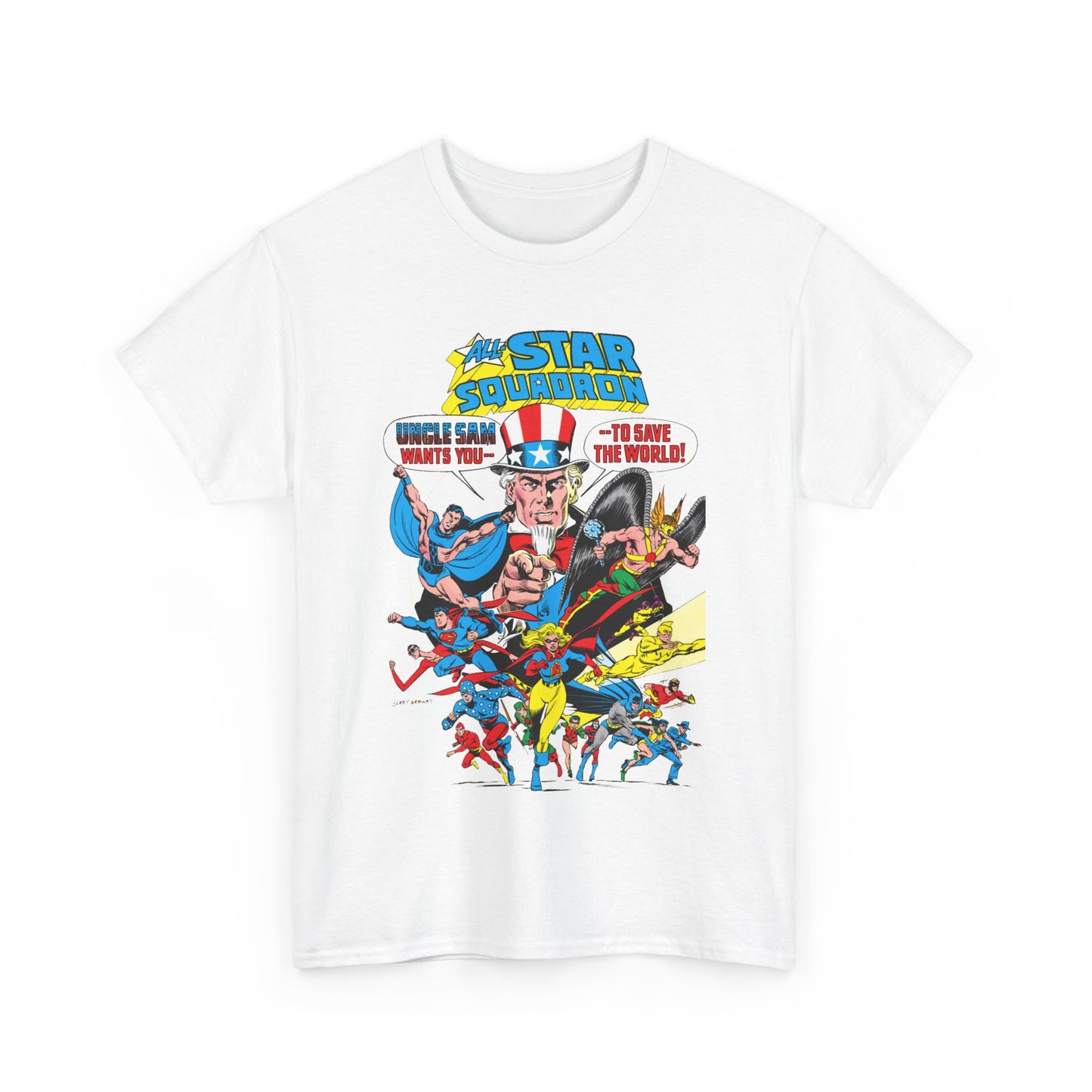 All-Star Squadron T-Shirt - Jerry Ordway Art - Uncle Sam, Hawkman, Superman, Liberty Belle, Black Condor, the Ray, Batman, Plastic Man - JSA Link - DC Comics