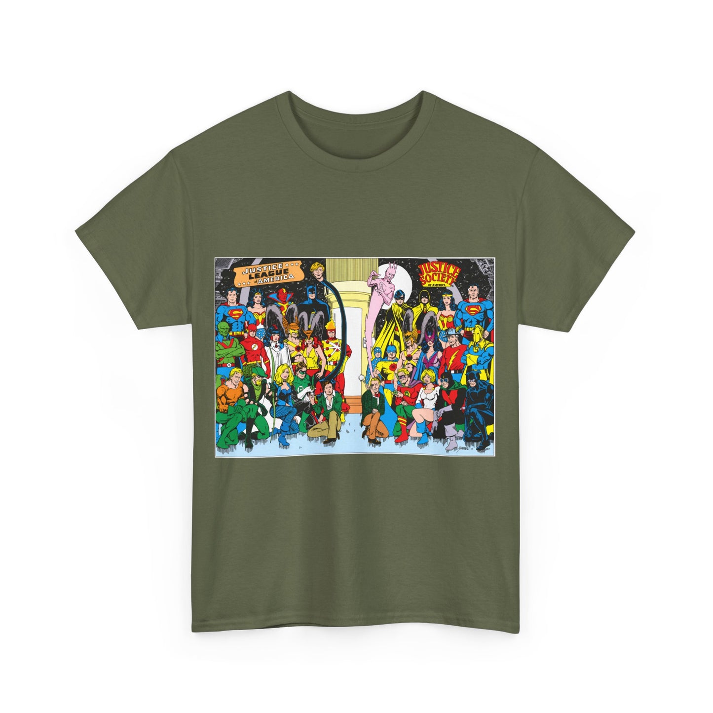 JLA & JSA T-Shirt - George Perez Art - Justice League, Society Team-up - Batman, Wildcat, Dr Fate, Hourman, Firestorm, Superman