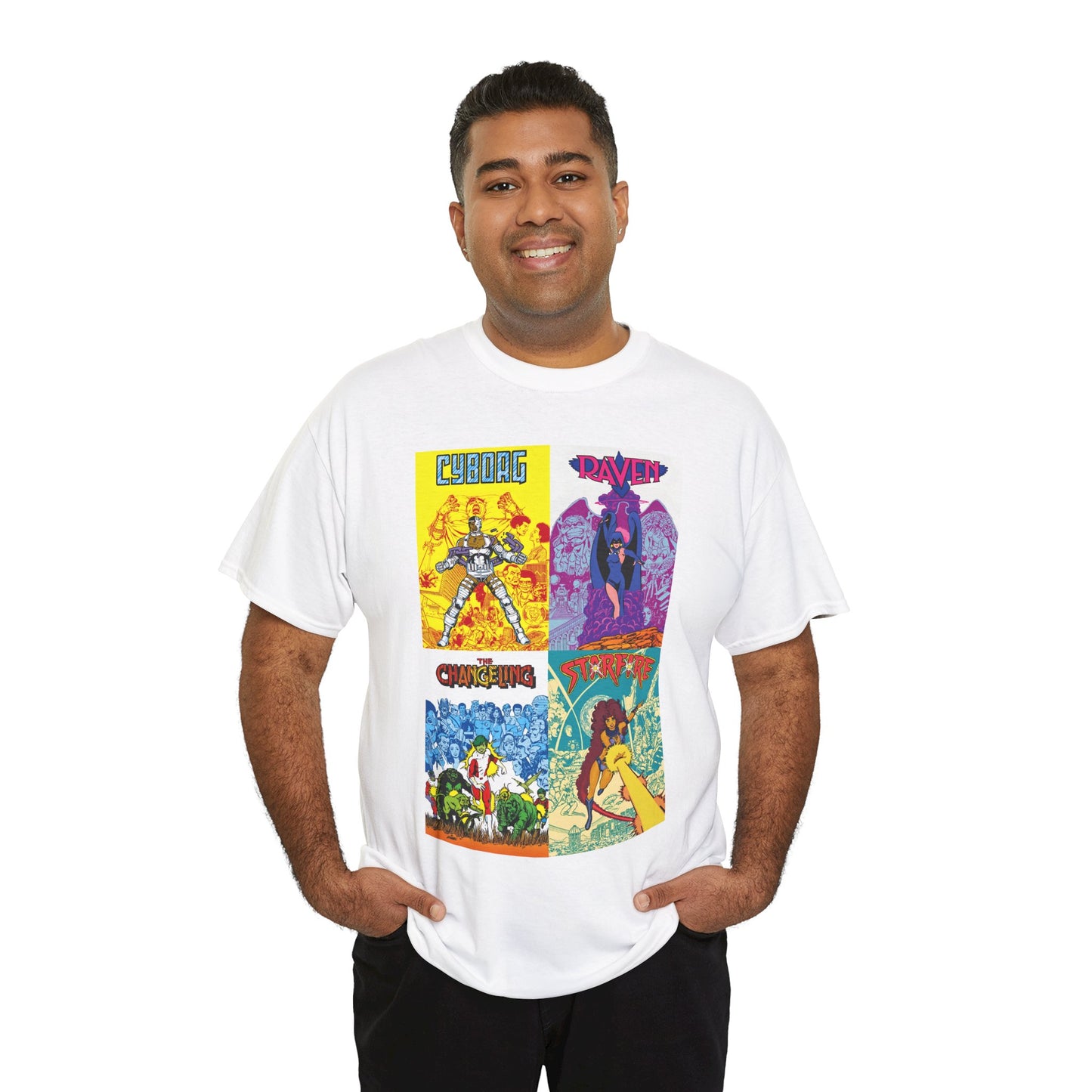 Tales of the New Teen Titans T-Shirt - George Perez Art - Cyborg, Raven, Changeling, Starfire - 1980s Mini-Series Showcasing Their Origins - DC Comics