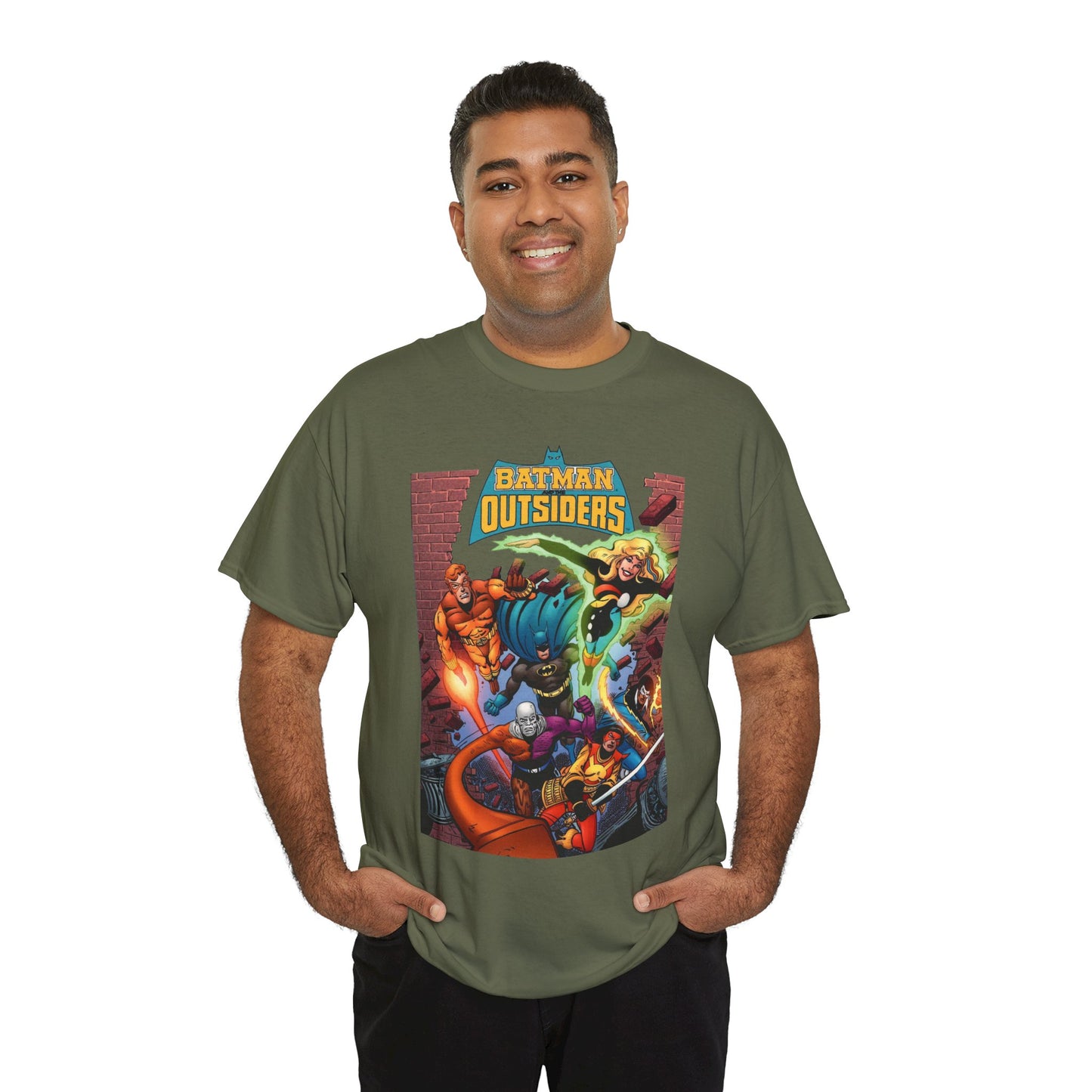 Batman & the Outsiders T-Shirt - Jim Aparo Art - Metamorpho, Katana, Halo, Black Lightning, Geo-Force - DC Comics