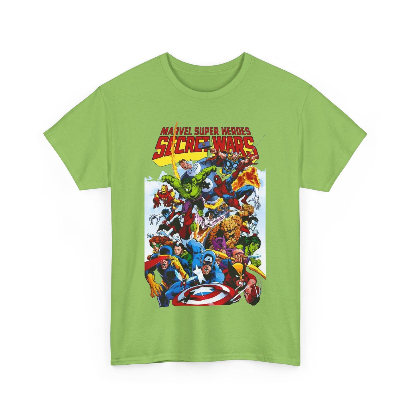 Secret Wars T-Shirt - Spider-man, Wolverine, Iron Man, Captain America, Cyclops, Rogue, Hulk, Mr Fantastic, The Thing - Classic Marvel Comics 1980s Series - The Beyonder